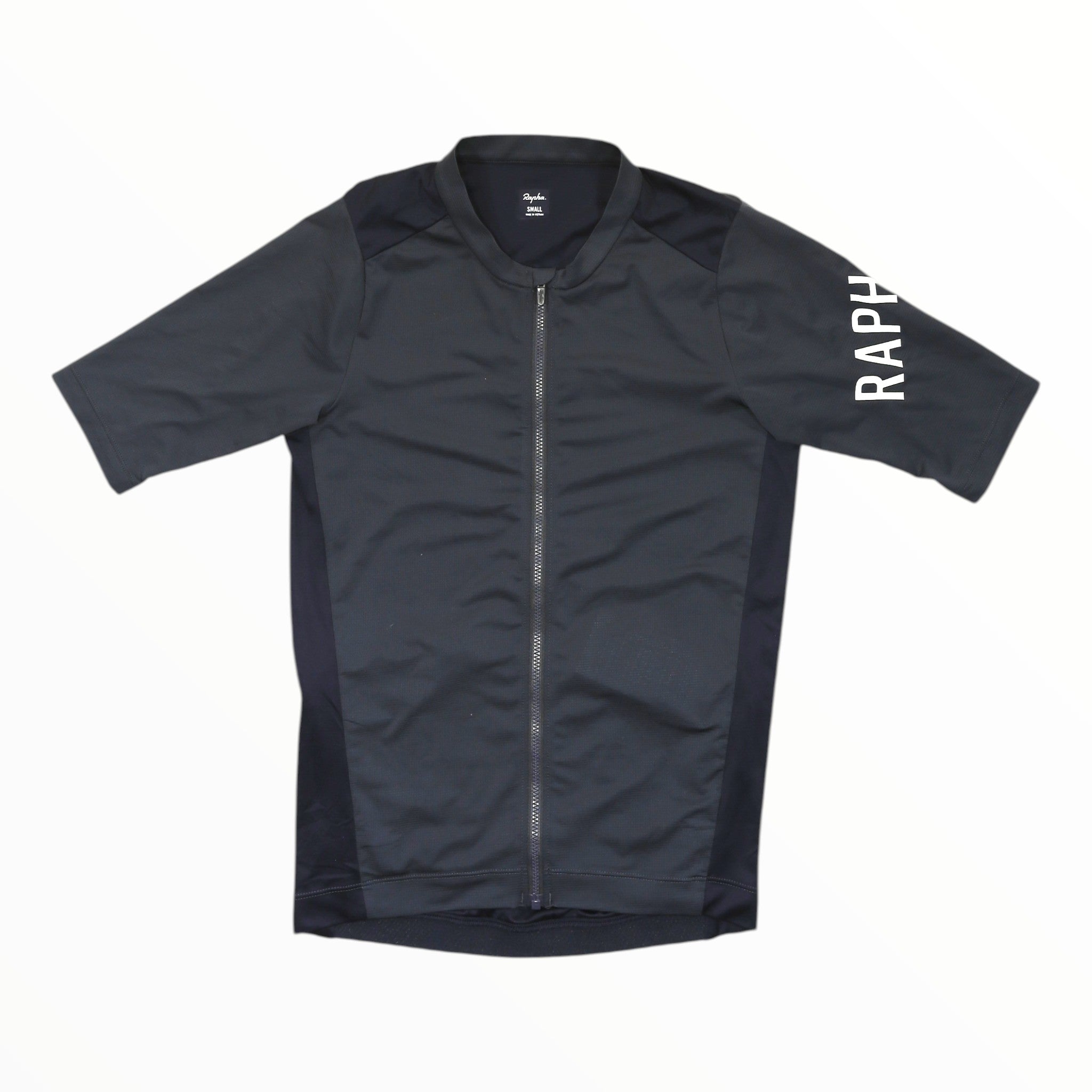 Men's cycling jersey, short sleeves, full front zip, dark navy with Rapha sleeve print