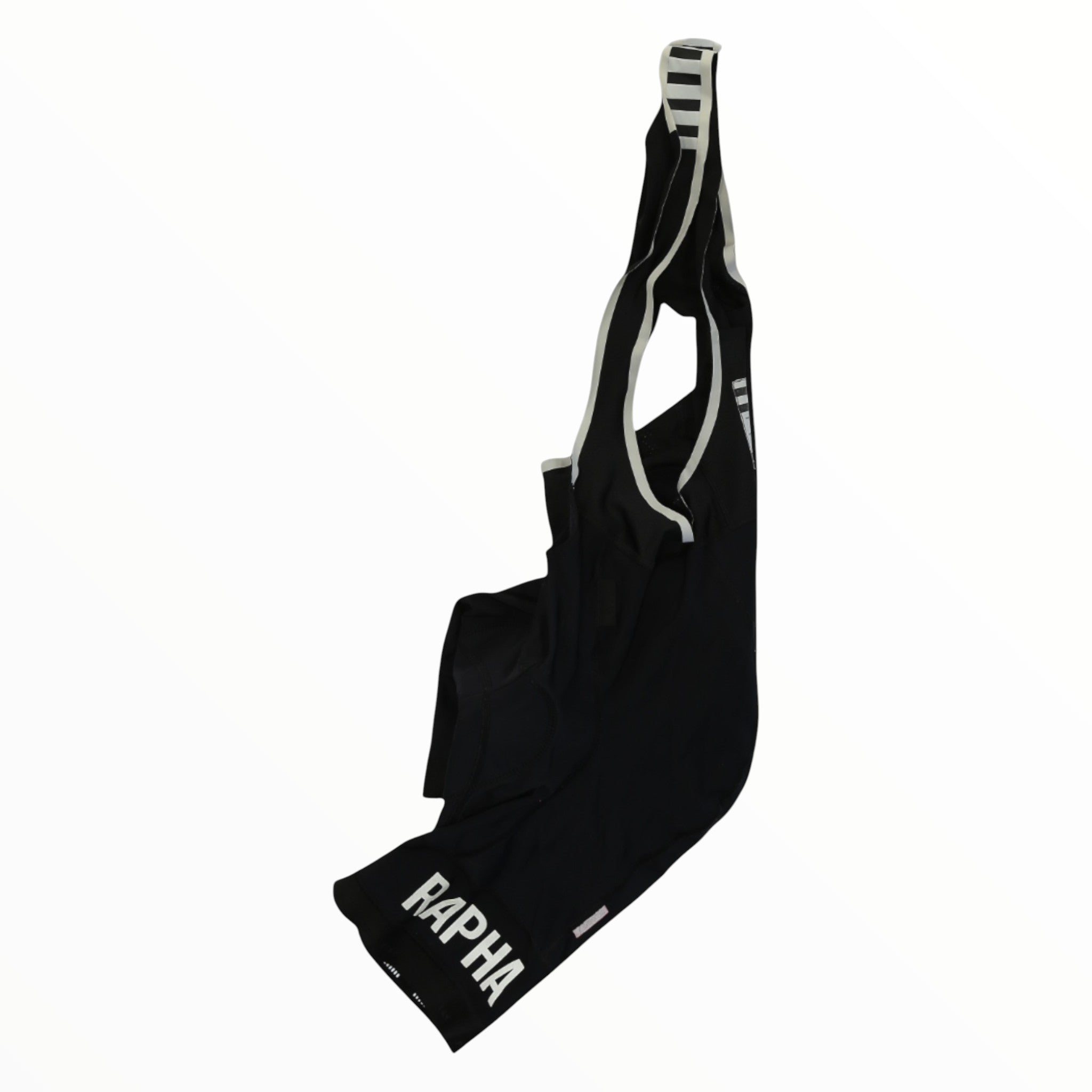 Men's cycling bib shorts, dark/black; white Rapha logo print on leg cuff.