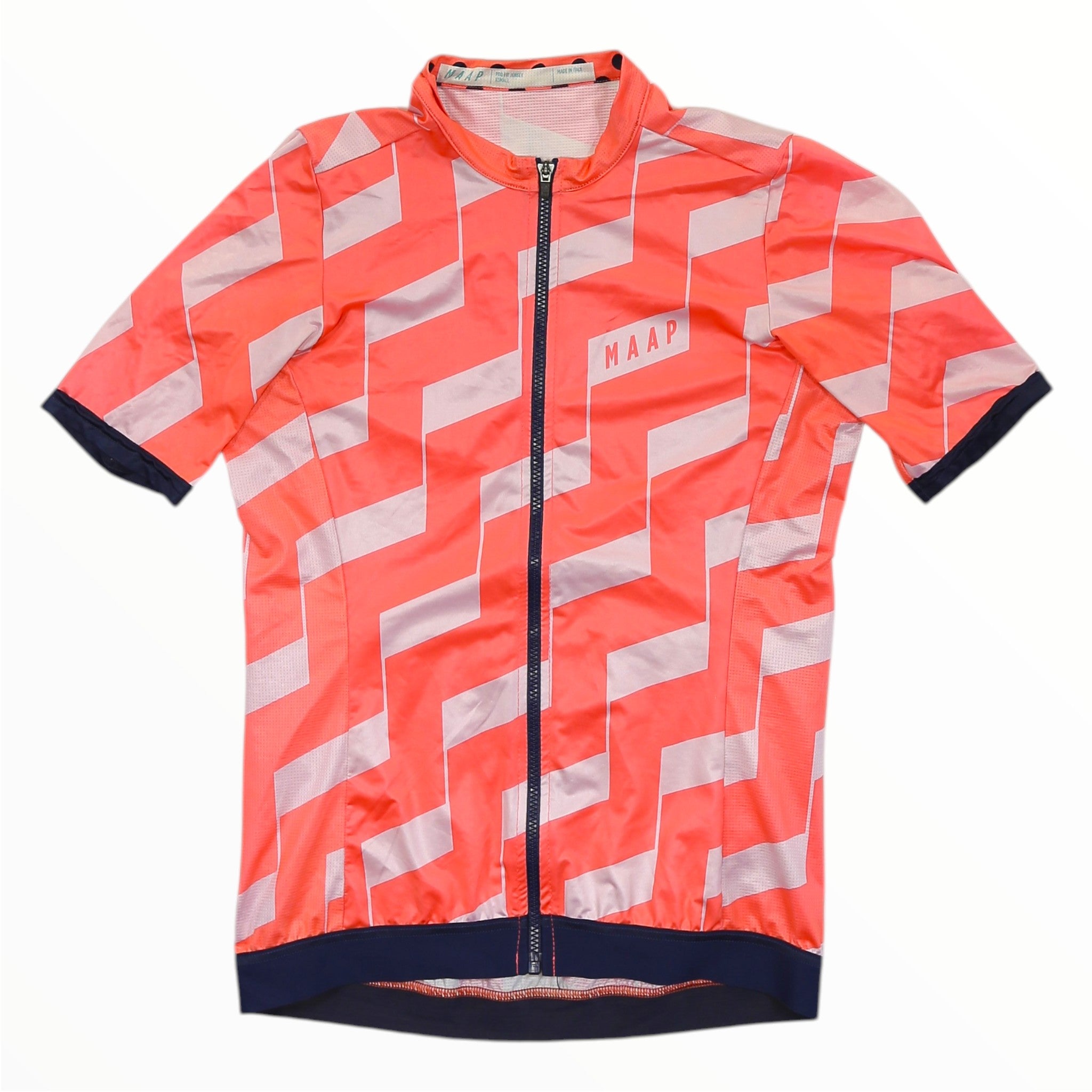 Men's red-and-white patterned cycling jersey with short sleeves and full-length zipper