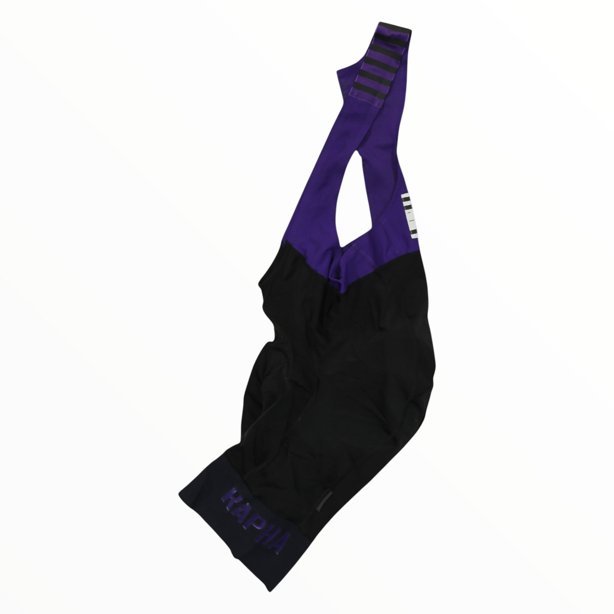 Men's cycling bib shorts, dark purple upper and black lower; Rapha logo on leg cuff.