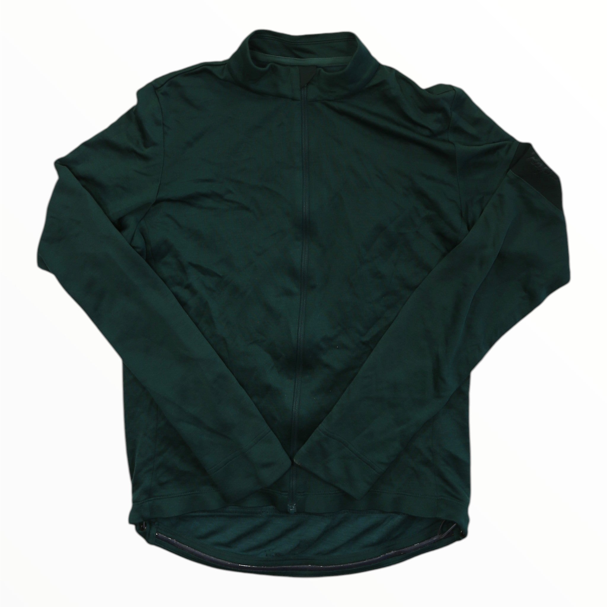 Men's long sleeve cycling jersey in dark green, full front zip, stand collar.