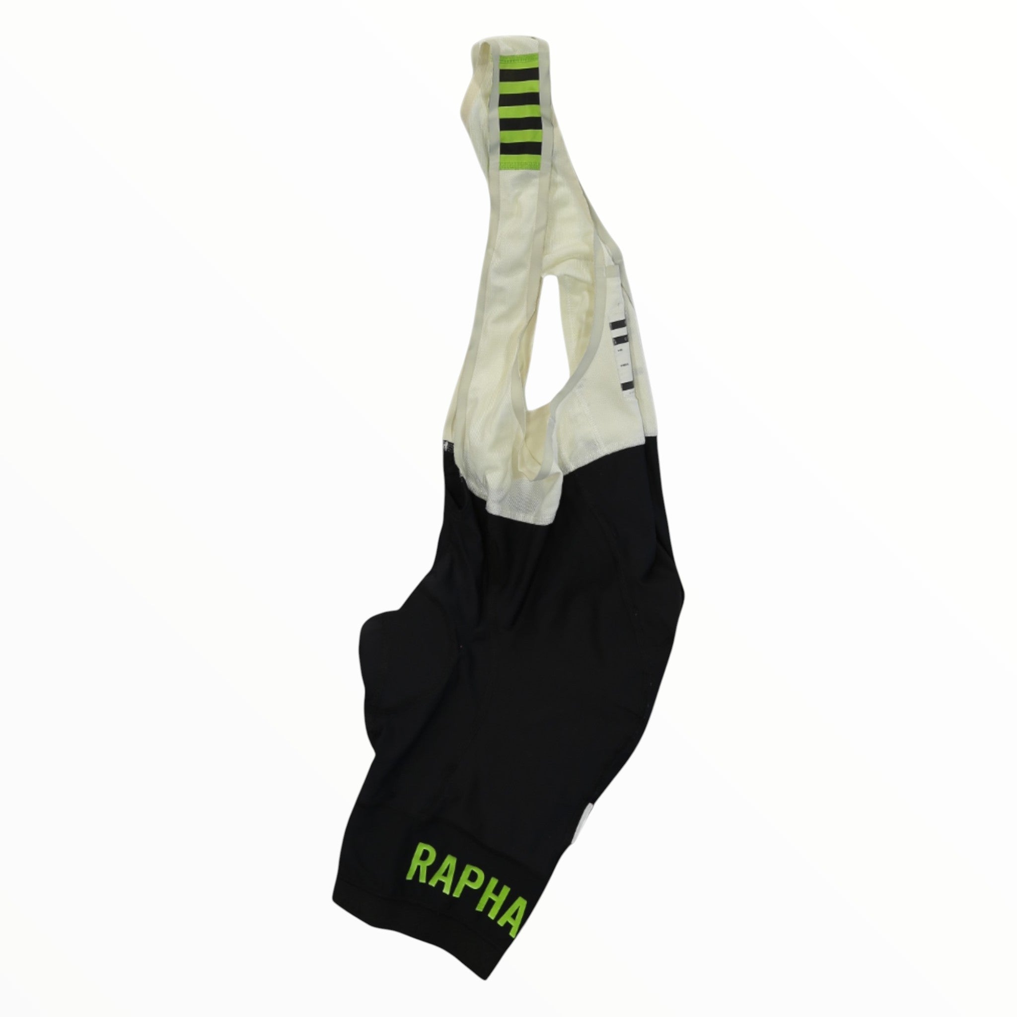 Men's cycling bib shorts, light upper with green striped strap; black leg with Rapha logo.