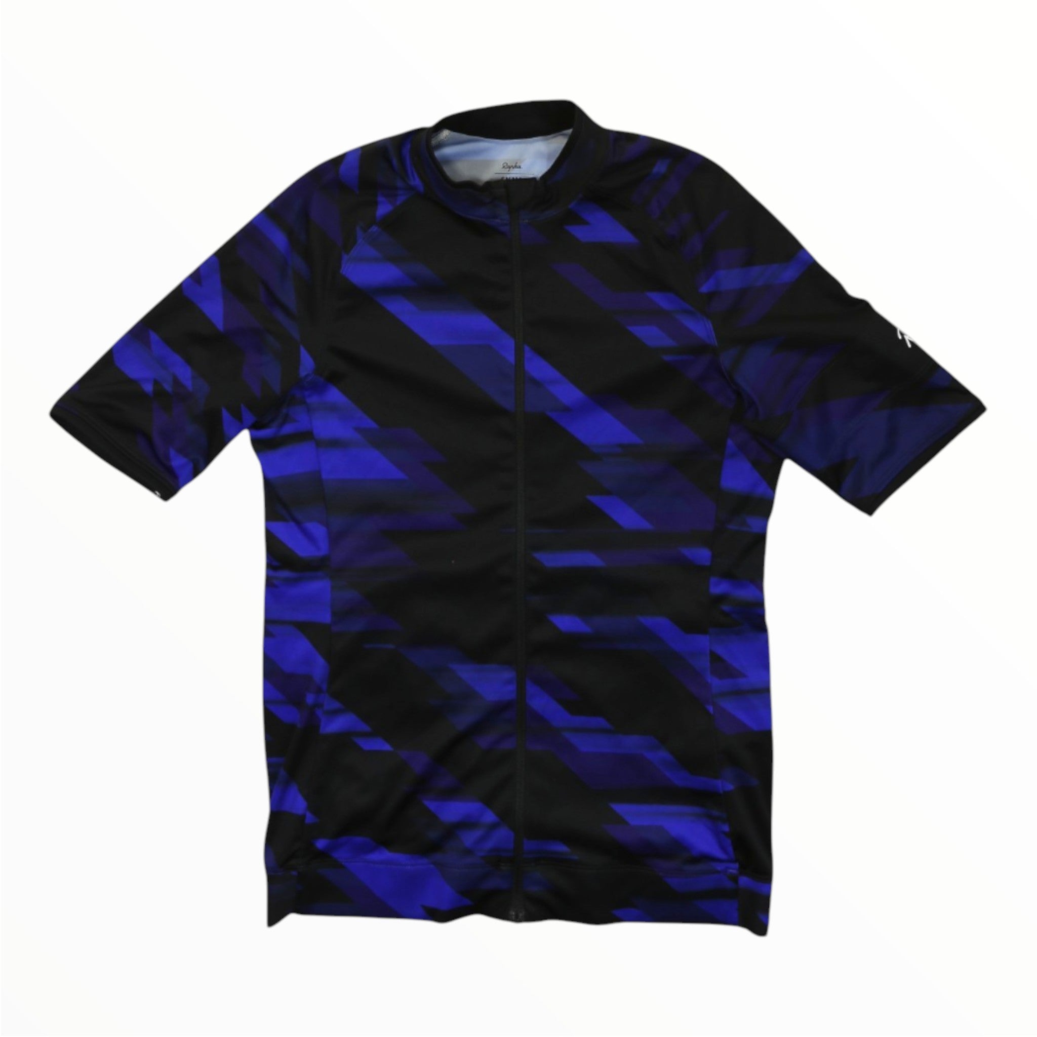 A Rapha Mens Core Jersey is displayed laid flat on a white background, showcasing its short sleeves, black base, and striking blue geometric pattern. Designed by Rapha for comfort and performance, this men’s cycling jersey features a front zipper and collar, exemplifying stylish cycling apparel.