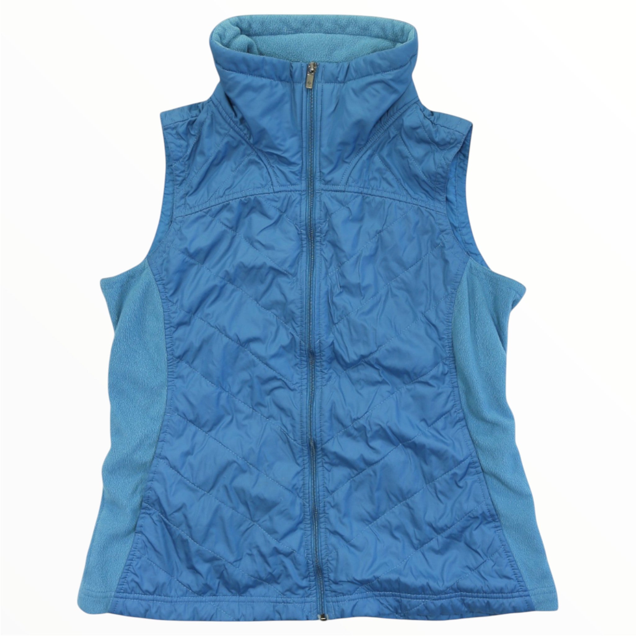 Women's hooded zip-up vest, sleeveless, teal-blue quilted fabric