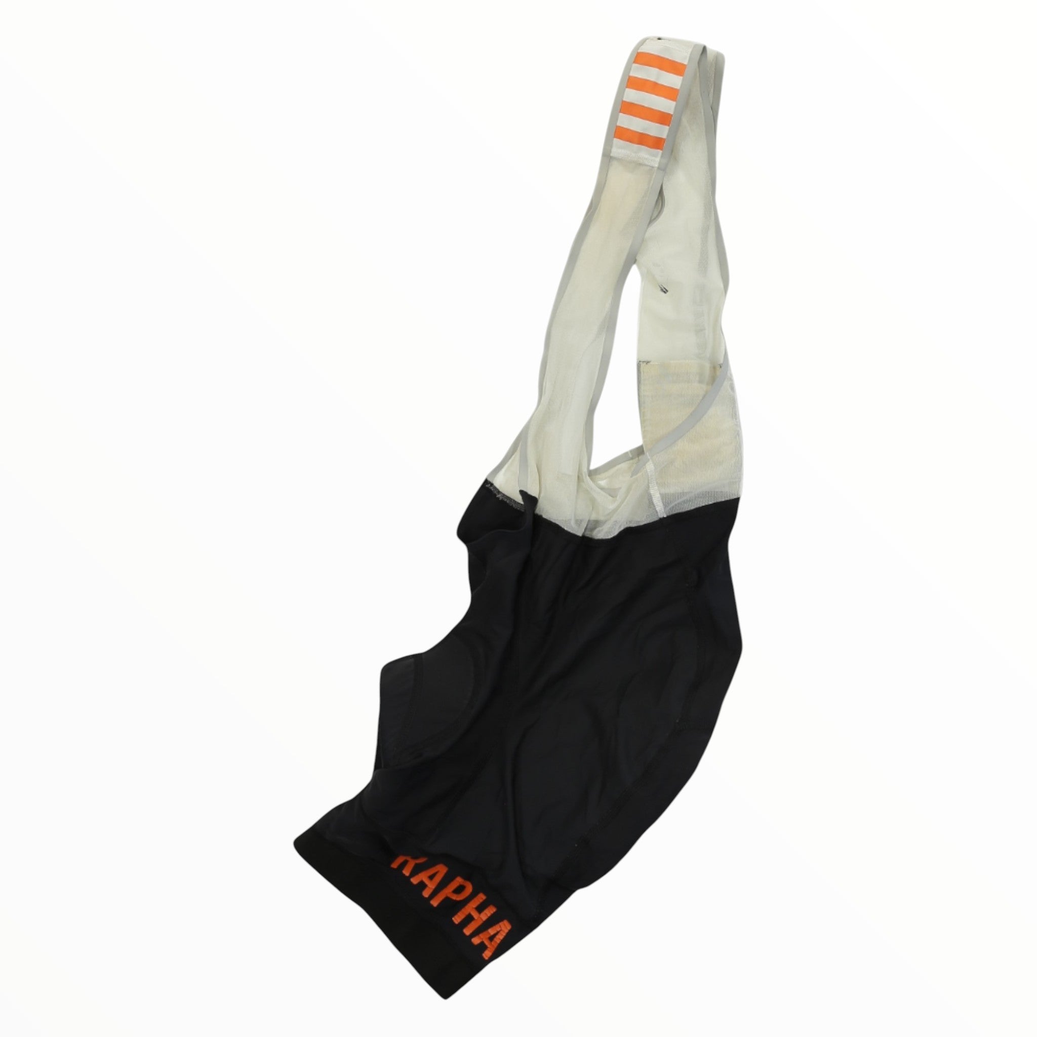 Men's cycling bib shorts with black body, light gray straps, orange stripe, Rapha logo