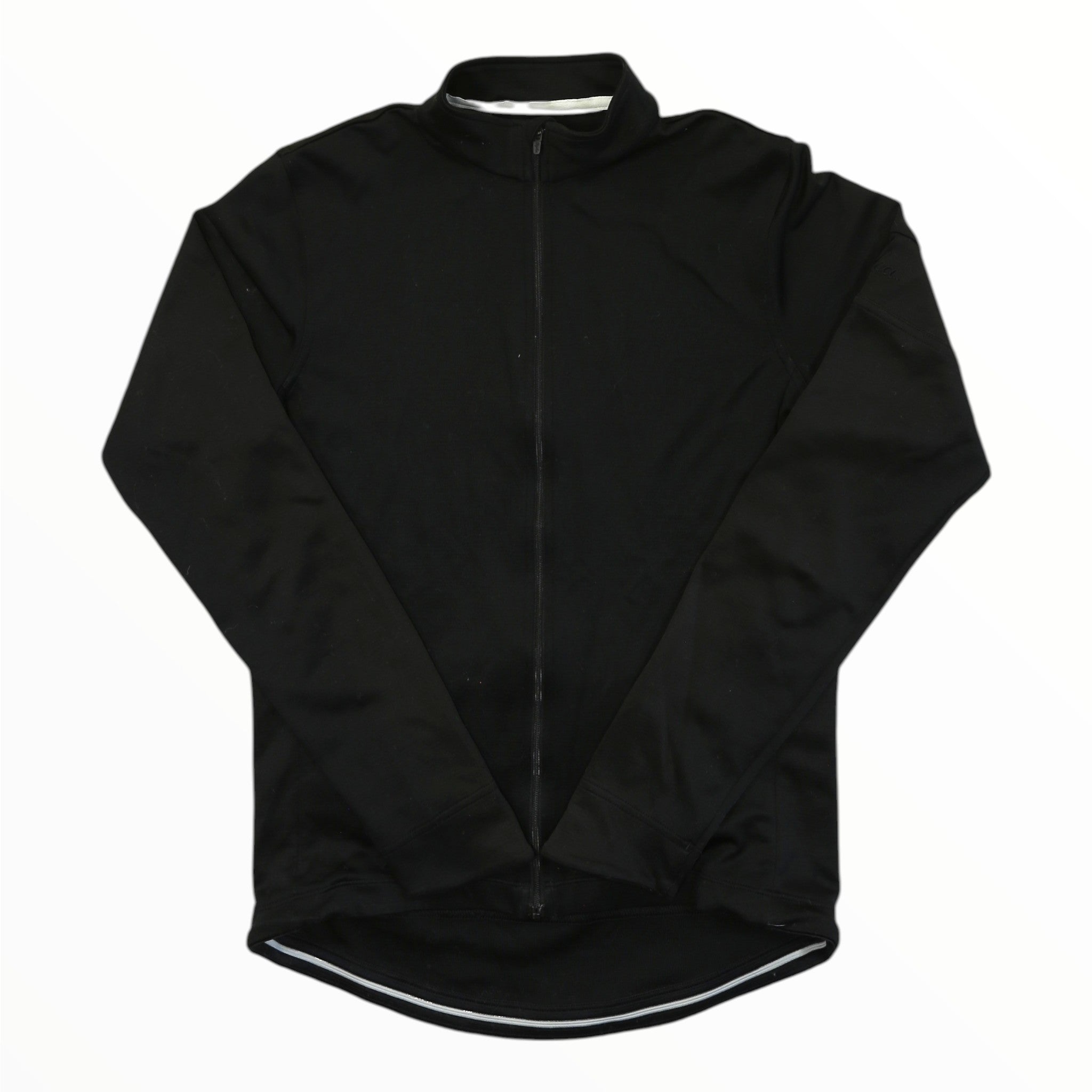 Men's long sleeve cycling jersey in black with RCC text, full front zip, coral stripe.