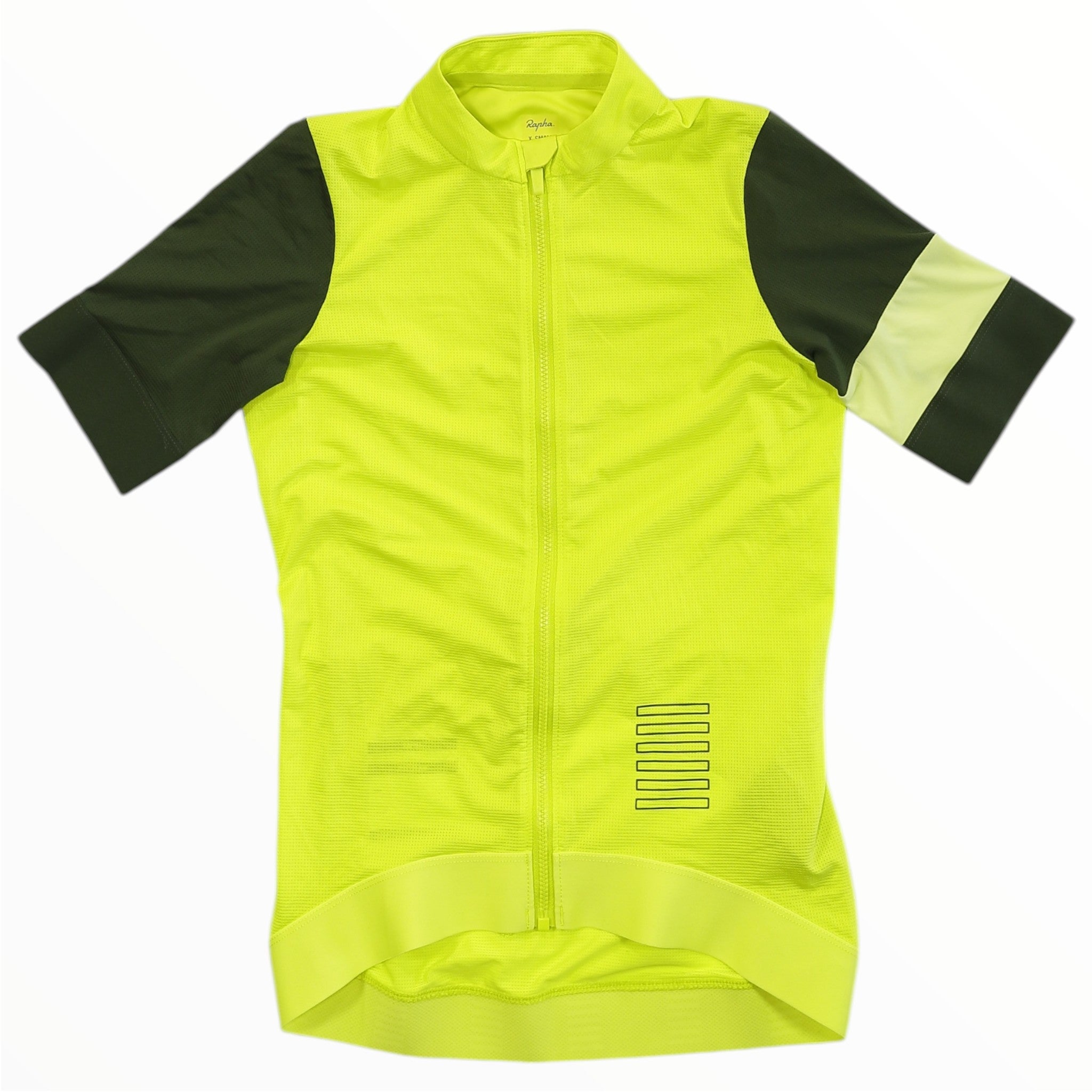 Neon yellow womens cycling training jersey with dark green panels, full-zip short sleeves.
