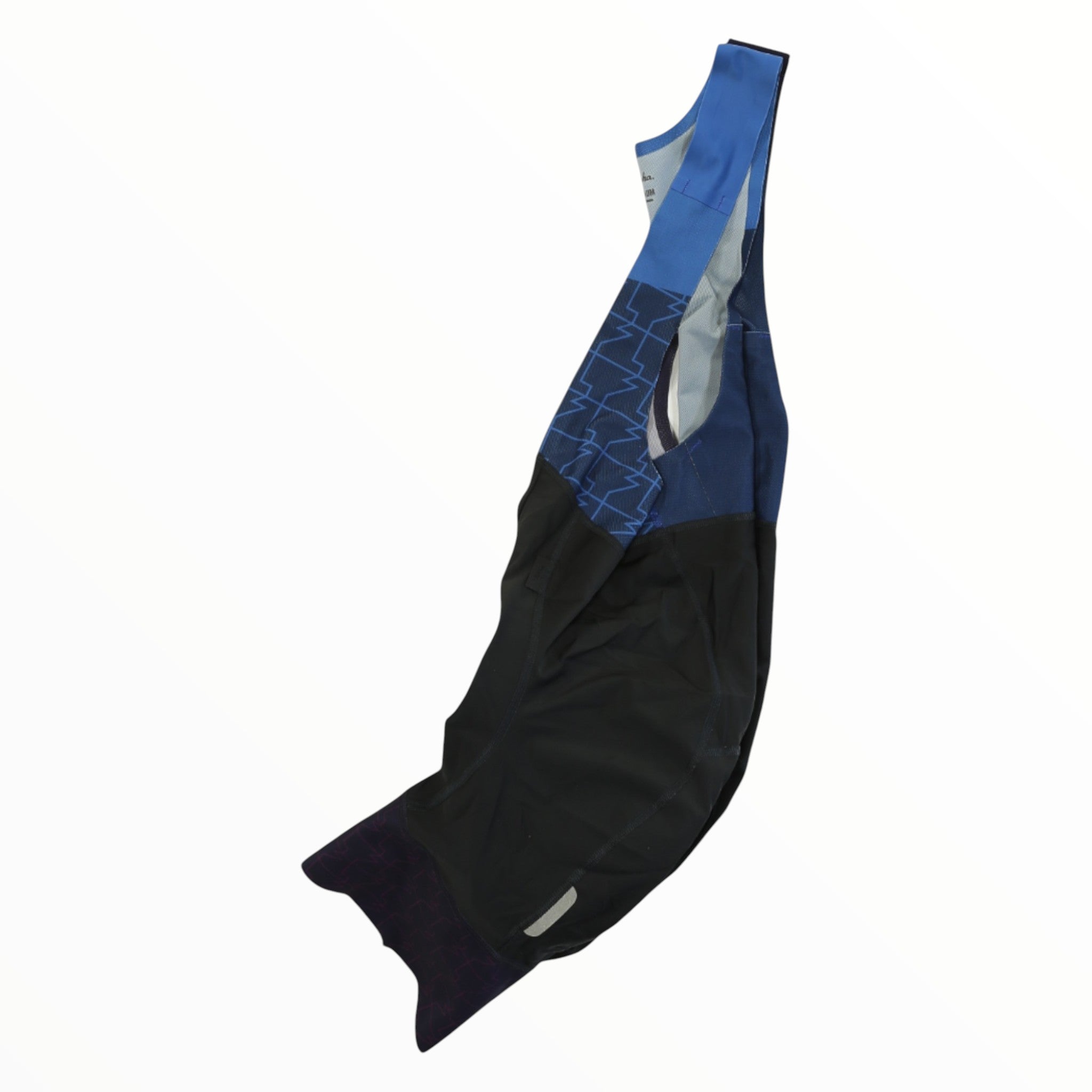 Men's cycling bib shorts in black with blue side panel and Rapha branding on leg.