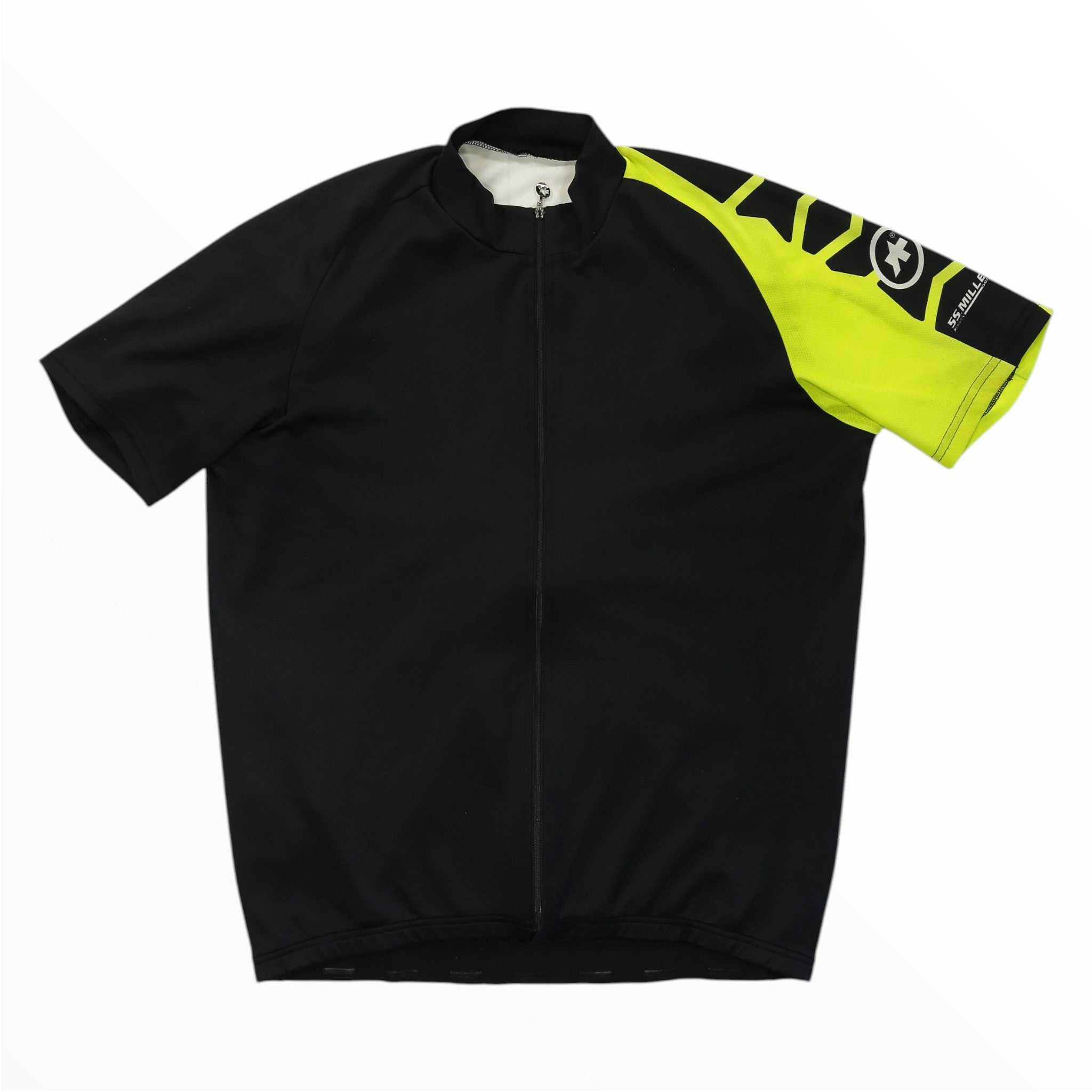 Short-sleeve cycling jersey in black with neon yellow right sleeve, full-length zipper