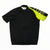 Short-sleeve cycling jersey in black with neon yellow right sleeve, full-length zipper