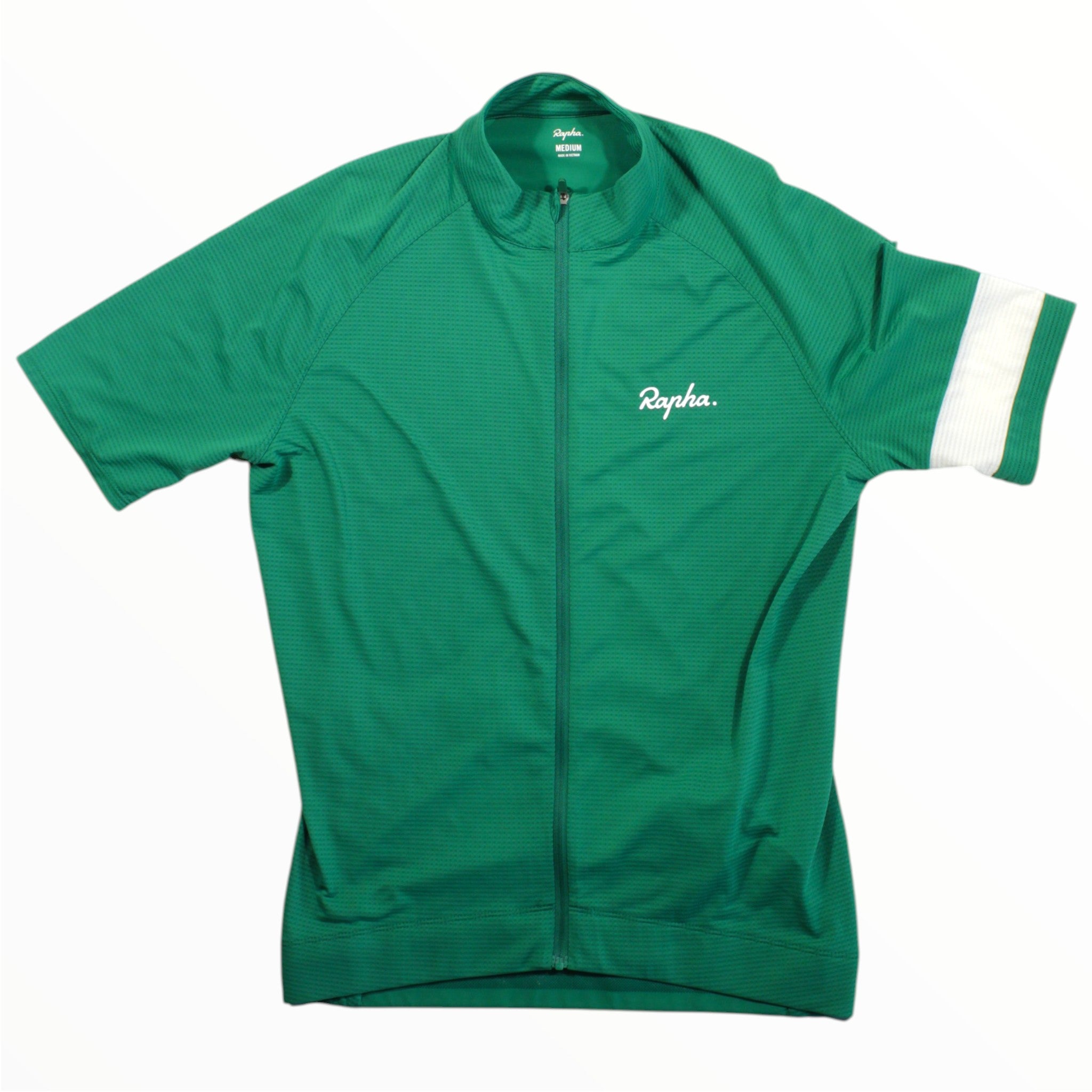 Men's lightweight cycling jersey, full-zip front, short sleeves, green with white sleeve stripe.