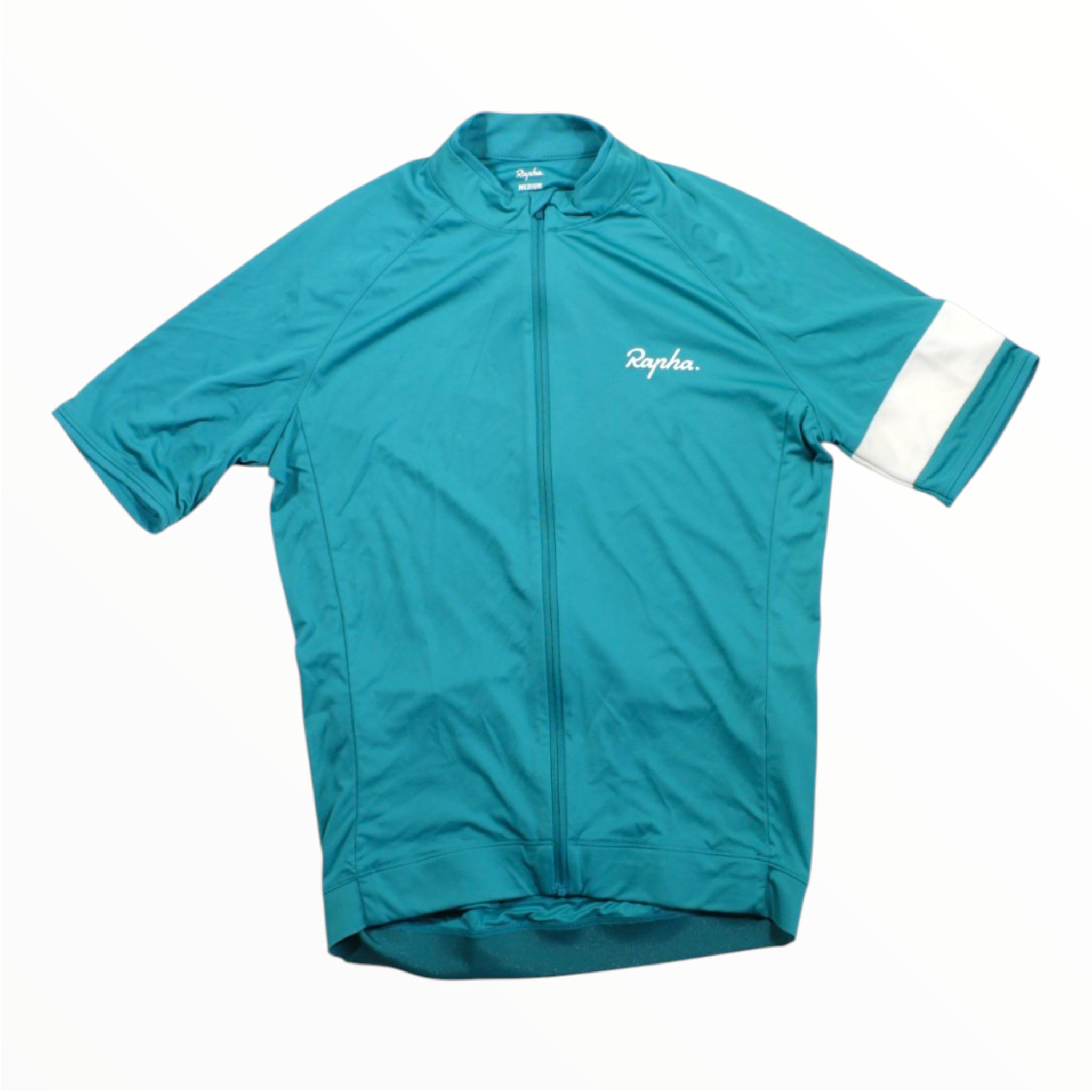 A Rapha Mens Core Jersey in teal, featuring a white stripe on the left sleeve, front zipper, and Rapha logo on the chest, is displayed laid flat on a white background—a versatile piece from Rapha for any men’s cycling apparel collection.