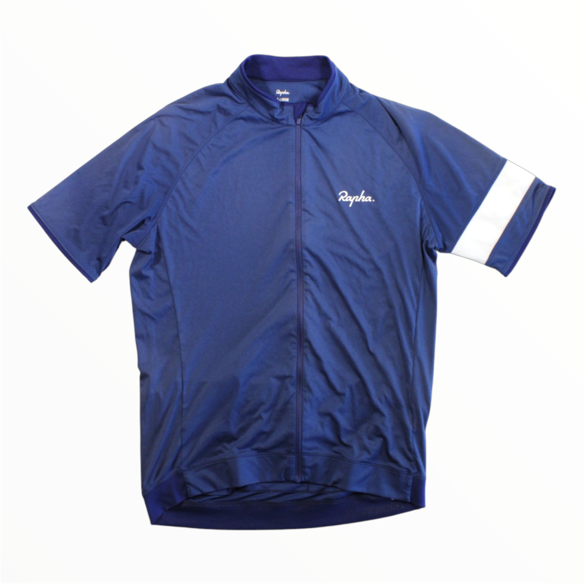 The Rapha Mens Core Jersey is a blue short-sleeved cycling jersey featuring a white stripe on the left sleeve, a full-length front zipper, and the Rapha logo printed on the left chest—making it an essential piece of men’s cycling apparel.