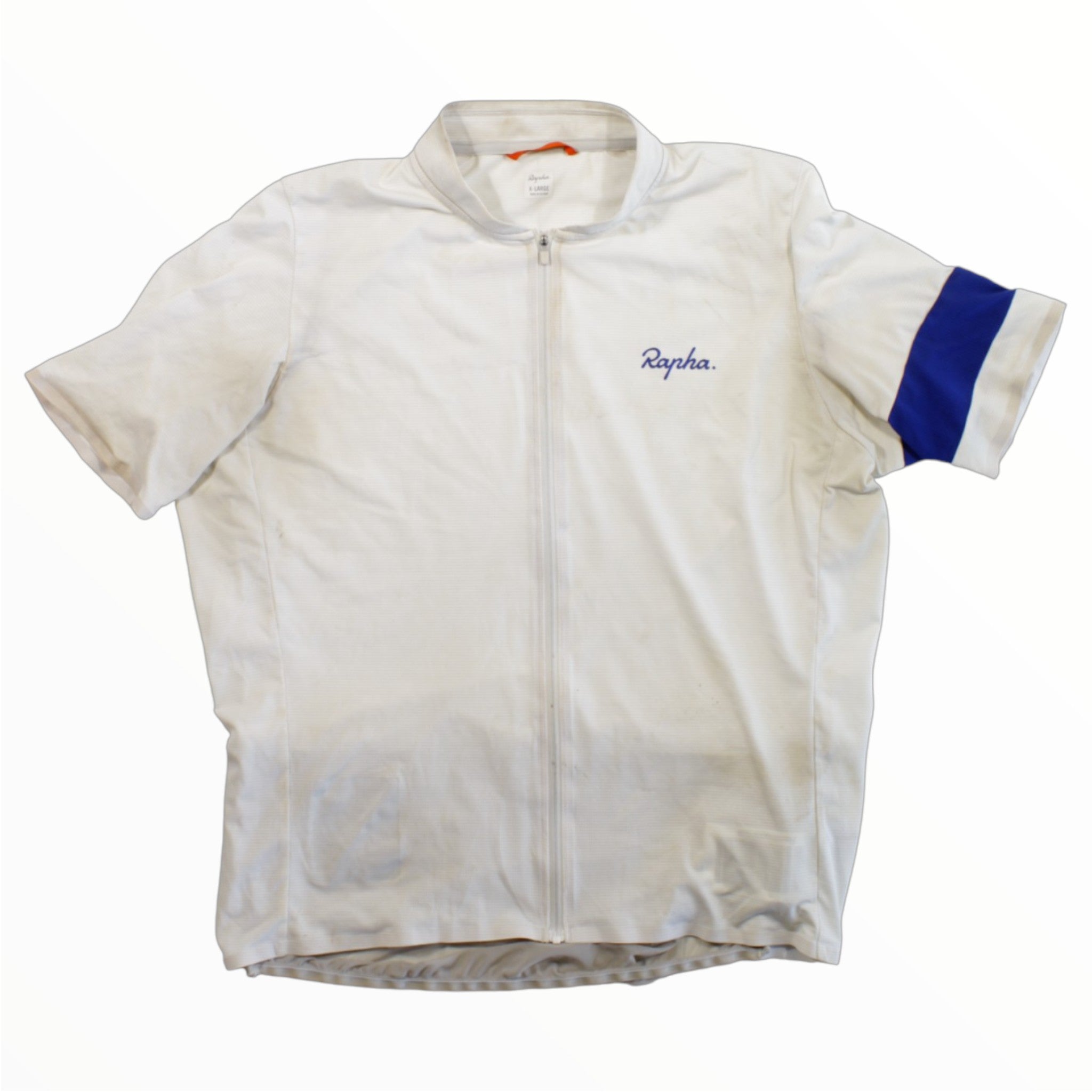 Men's Rapha flyweight cycling jersey in off-white with blue accent sleeve, full zip