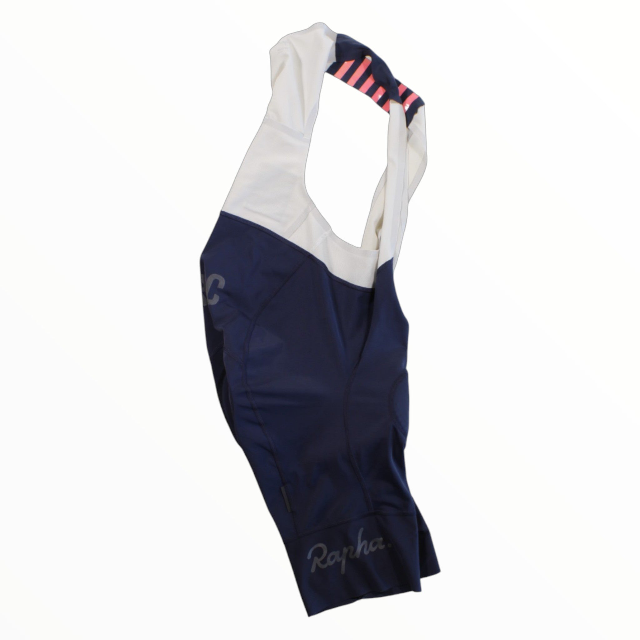Men's cycling bib shorts, white upper and navy lower; multicolor stripe detail at strap edge.