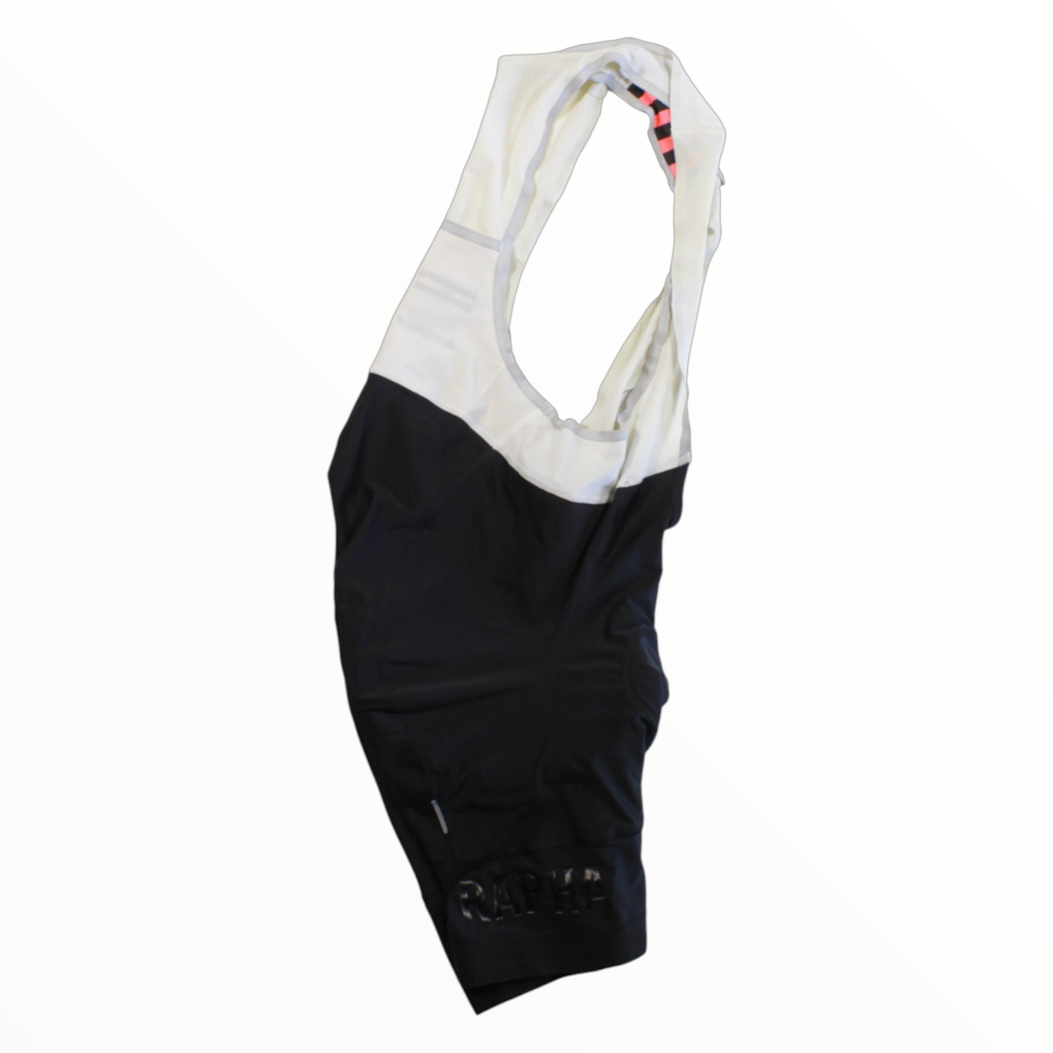 Men's cycling bib shorts, white upper and black lower; small multicolor stripe on strap.