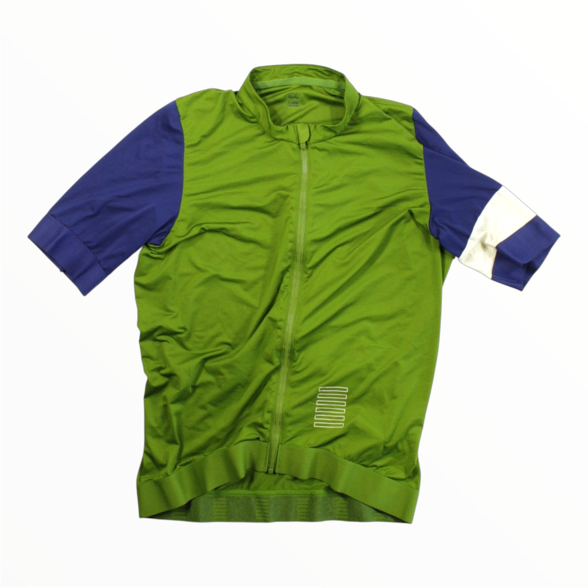 The Rapha Mens Core Jersey by Rapha is a short-sleeve cycling jersey featuring a front zipper, predominantly green with one blue sleeve and contrasting blue and white color blocks on the other sleeve, shown against a white background—an essential addition to men’s cycling apparel.