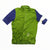 The Rapha Mens Core Jersey by Rapha is a short-sleeve cycling jersey featuring a front zipper, predominantly green with one blue sleeve and contrasting blue and white color blocks on the other sleeve, shown against a white background—an essential addition to men’s cycling apparel.