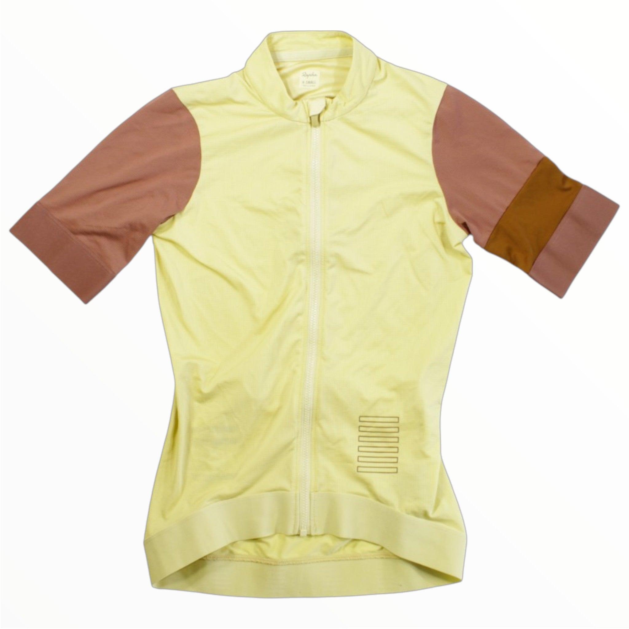 Light yellow womens cycling training jersey with brown sleeve panels, full-zip short sleeves.