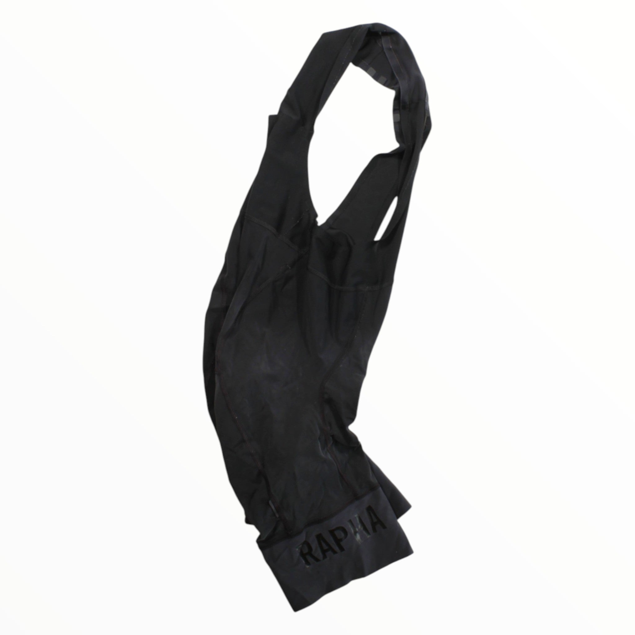 Men's cycling bib shorts in black with Rapha logo on lower leg.