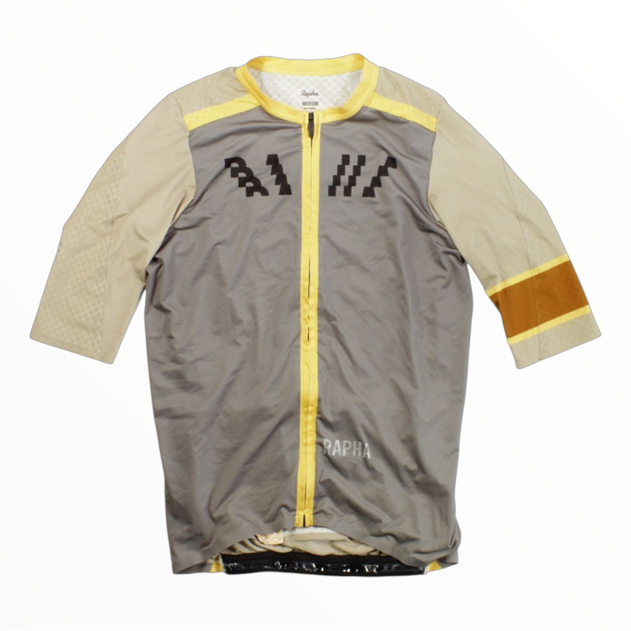 Gray cycling jersey with yellow trim, full zipper, quarter-length sleeves, Rapha logo.