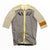 Gray cycling jersey with yellow trim, full zipper, quarter-length sleeves, Rapha logo.