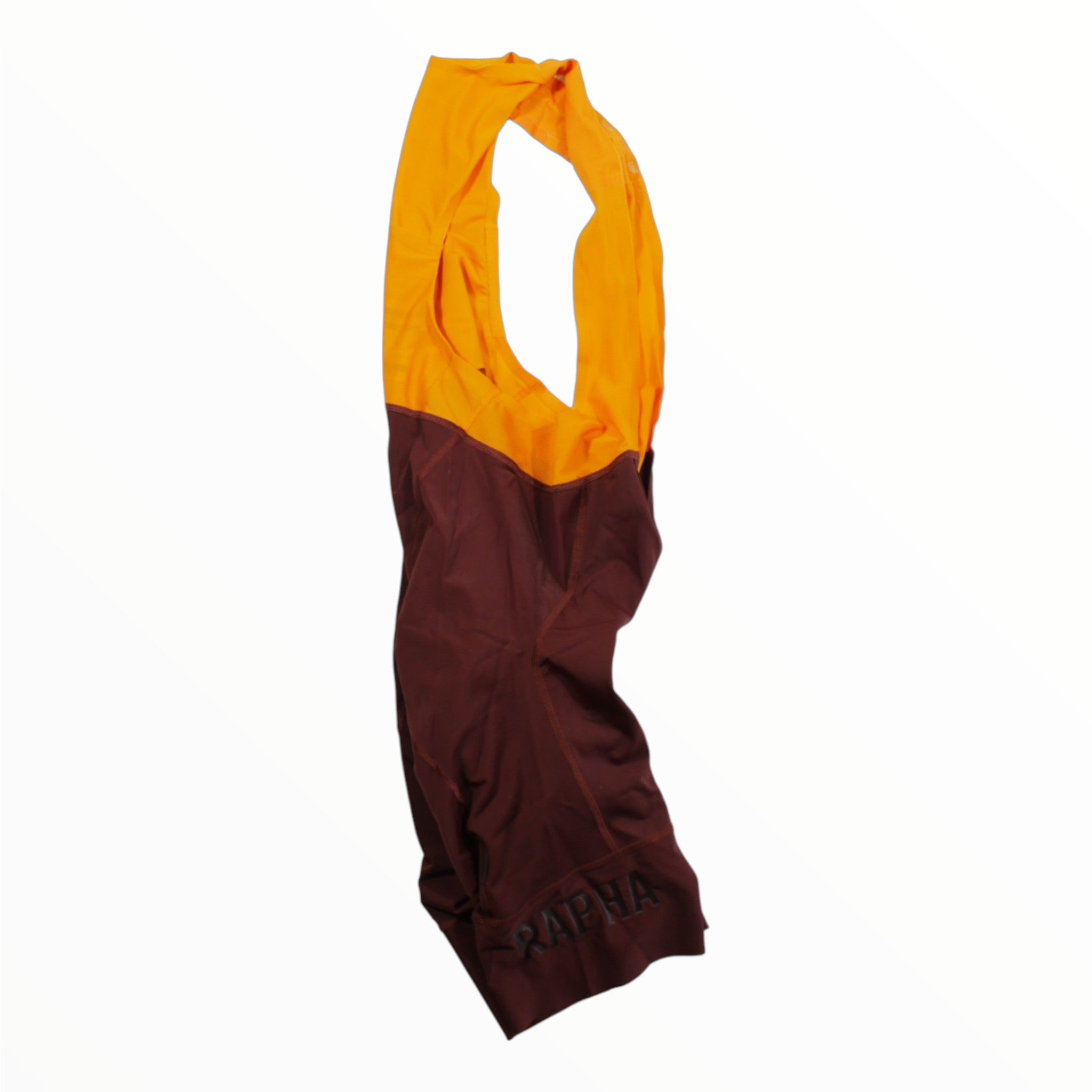 Rapha men’s bib shorts with bright orange upper and maroon lower, “Rapha” leg branding