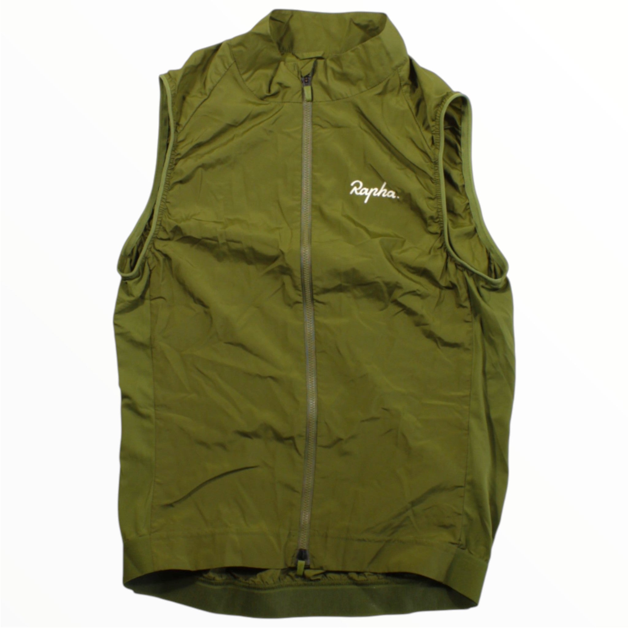 Men's Rapha core cycling gilet, olive green with full front zip and logo