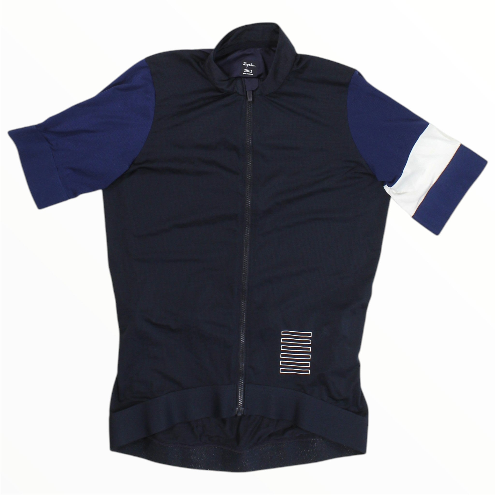 Navy womens cycling training jersey with white sleeve cuffs, full-zip short sleeves, logo patch.