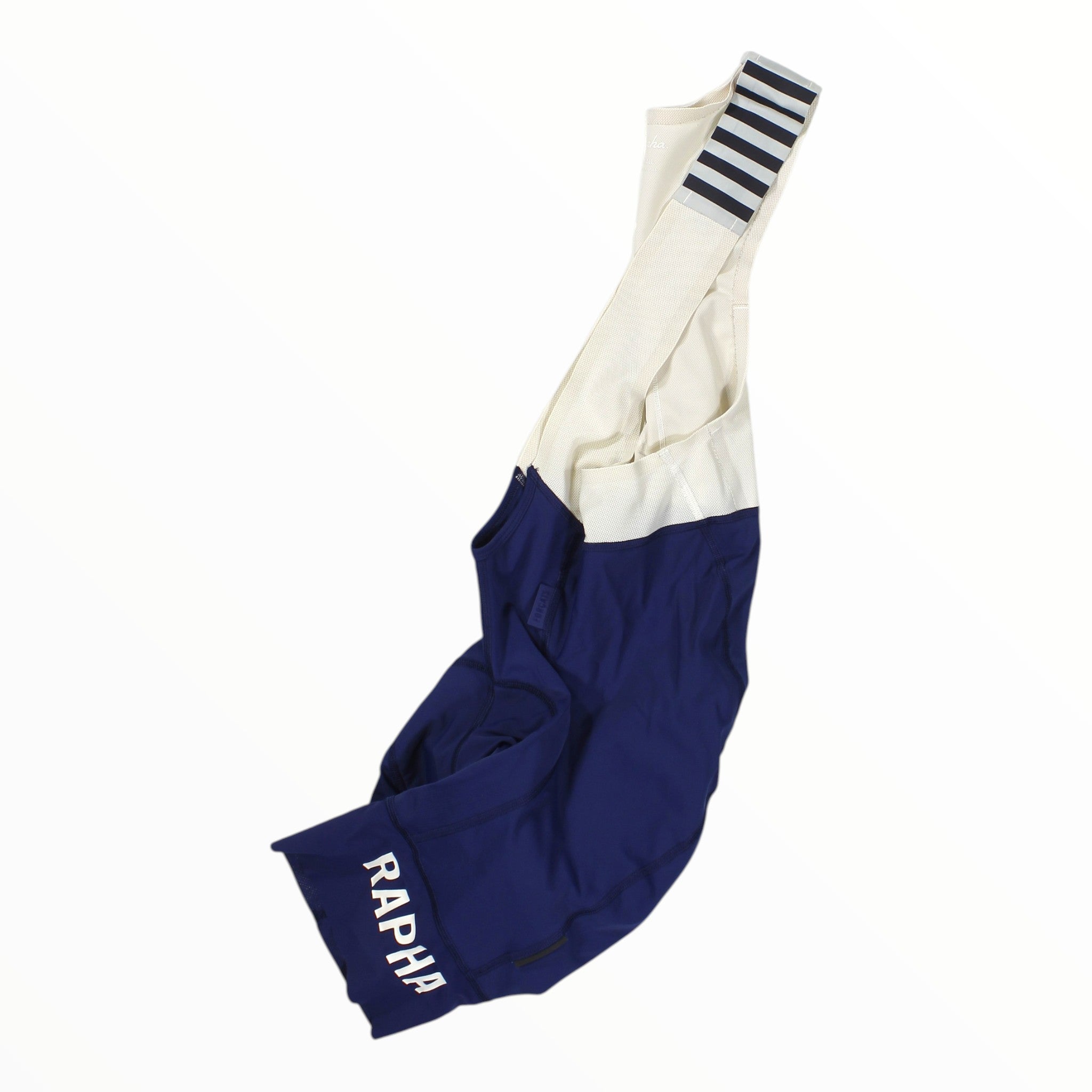 Rapha men’s bib shorts in navy and white, striped bib cuff and “Rapha” leg branding
