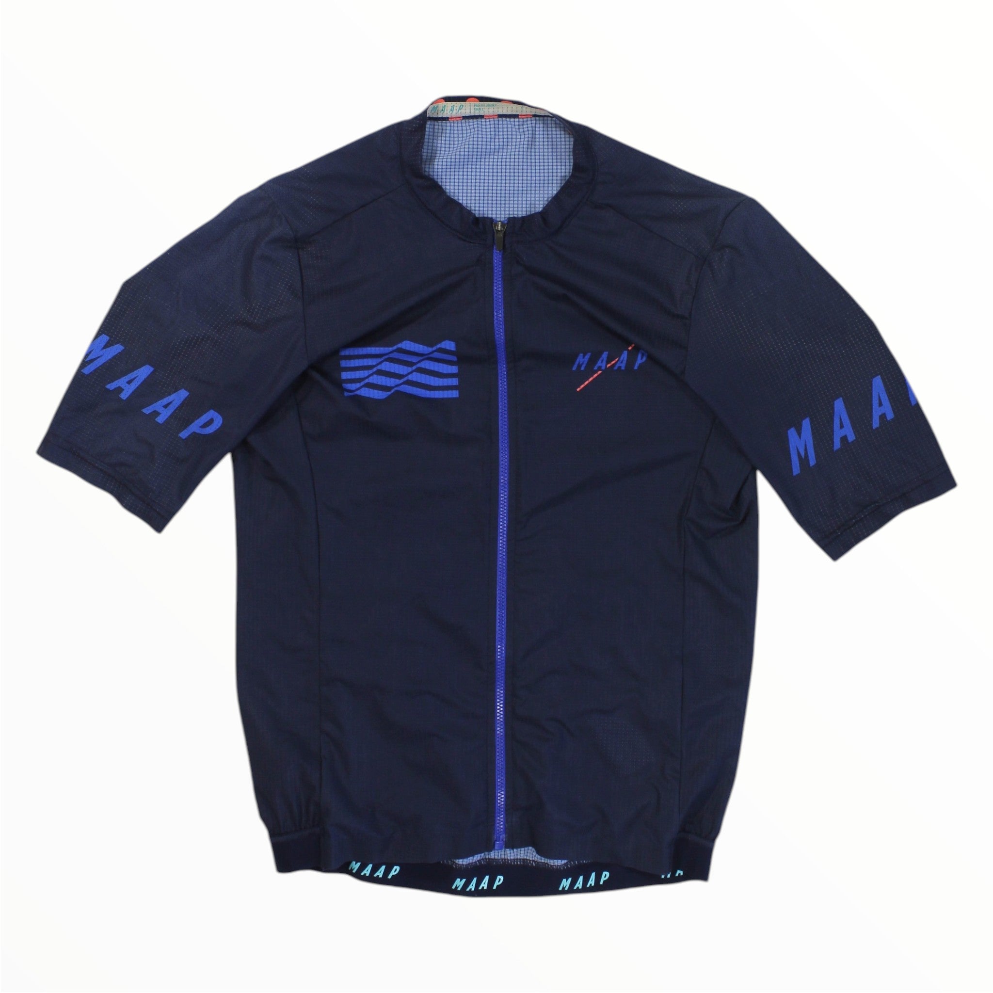 Men's dark navy cycling jersey with full-length zipper and blue logo graphic