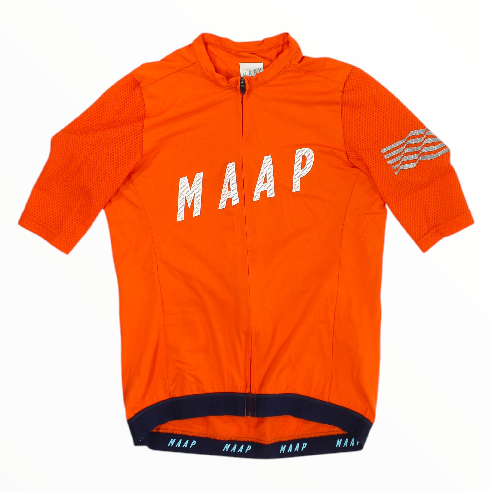 Men's bright orange cycling jersey with full-length zipper and large white MAAP lettering