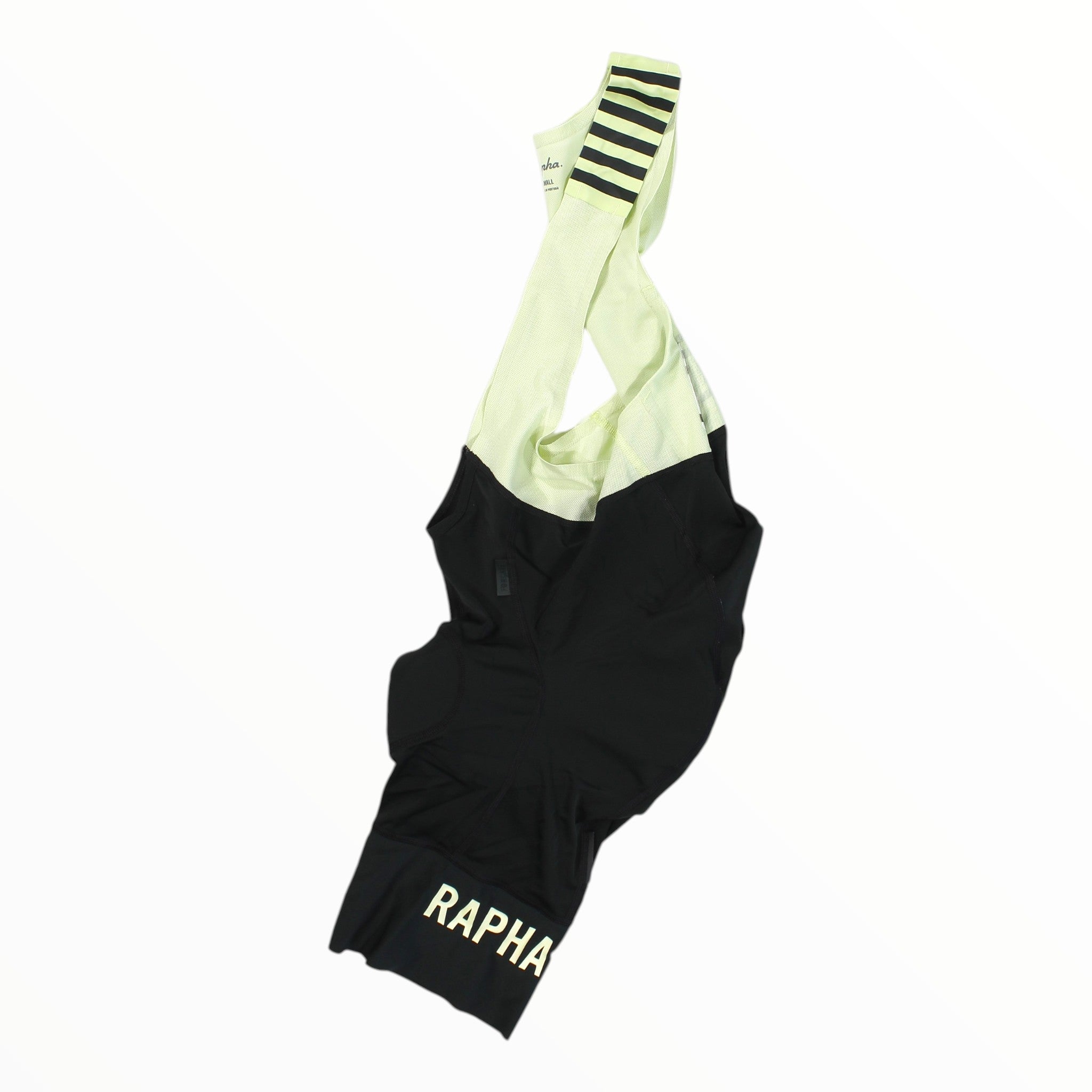 Men's Rapha bib shorts, light green bib with black body and Rapha logo on leg.