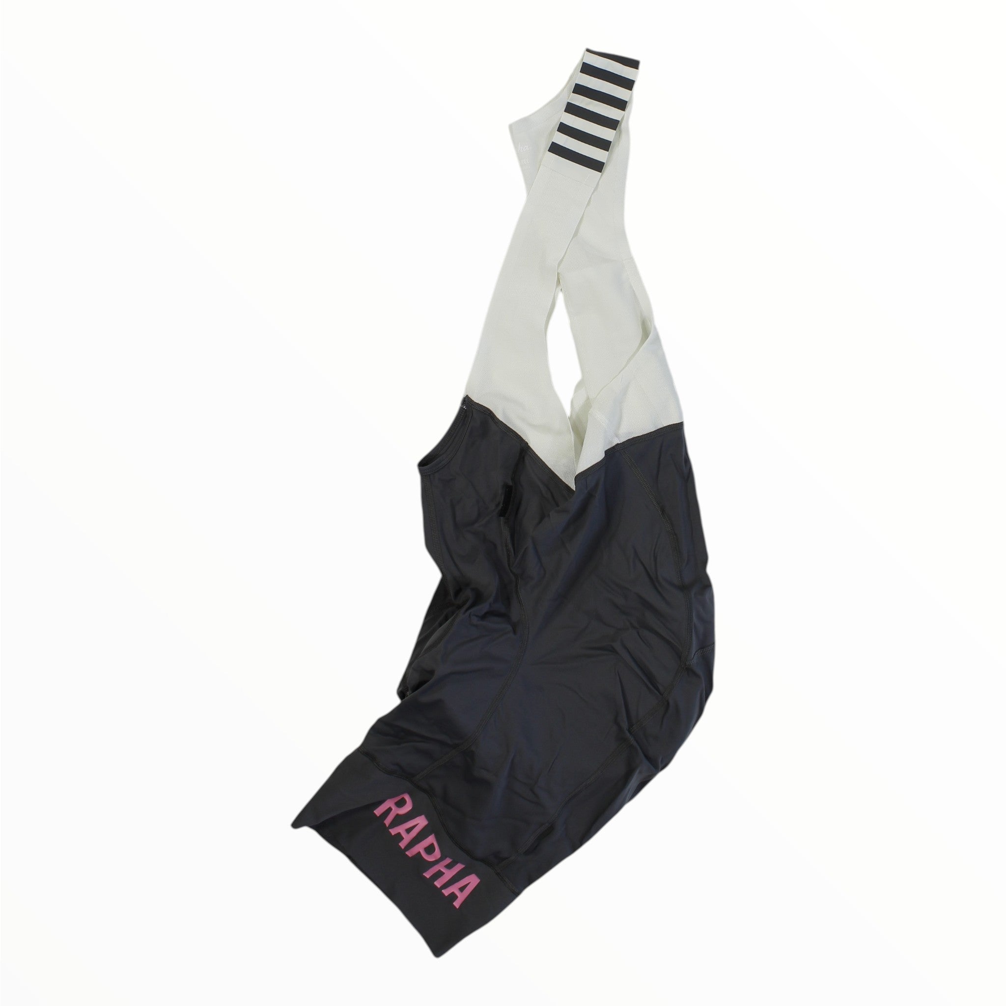 Rapha men’s bib shorts in white and black with striped bib cuff and “Rapha” leg branding