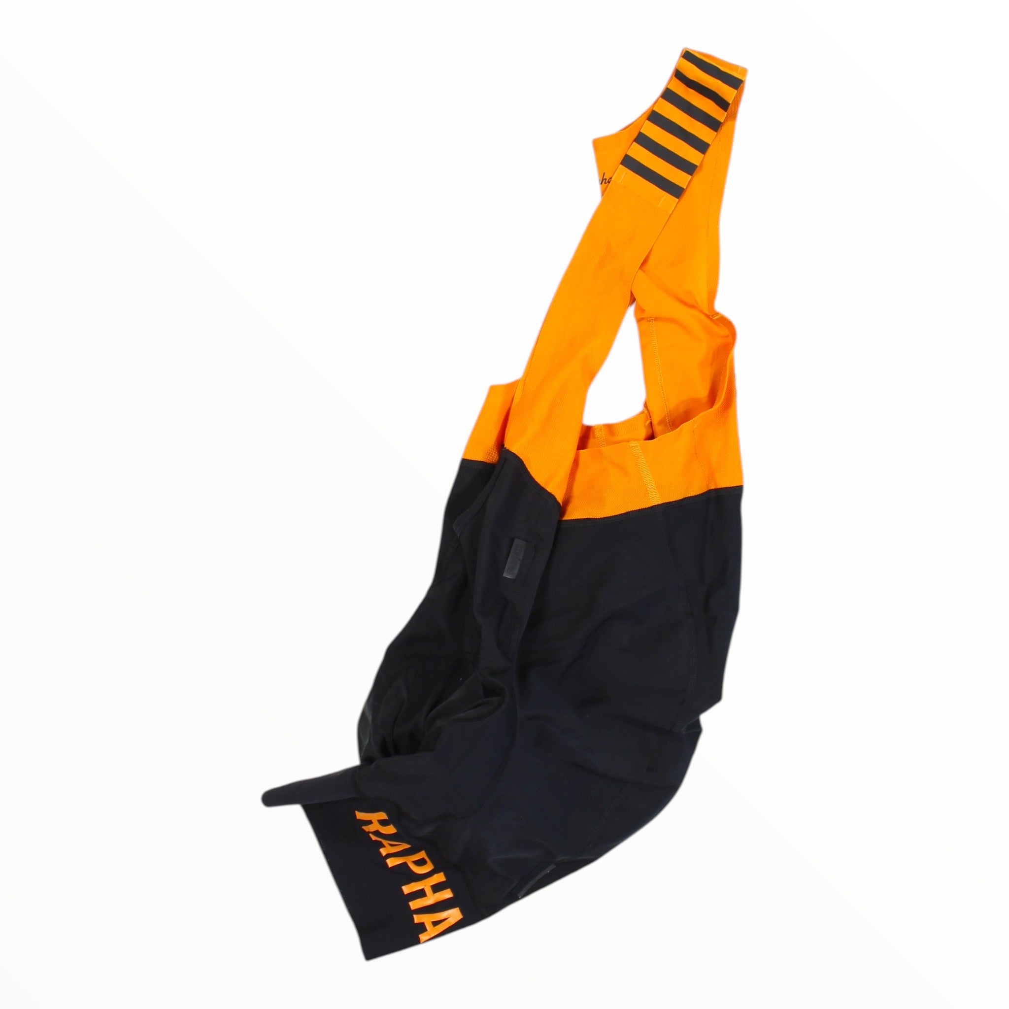 Men's Rapha bib shorts, bright orange upper with black legs and Rapha logo.