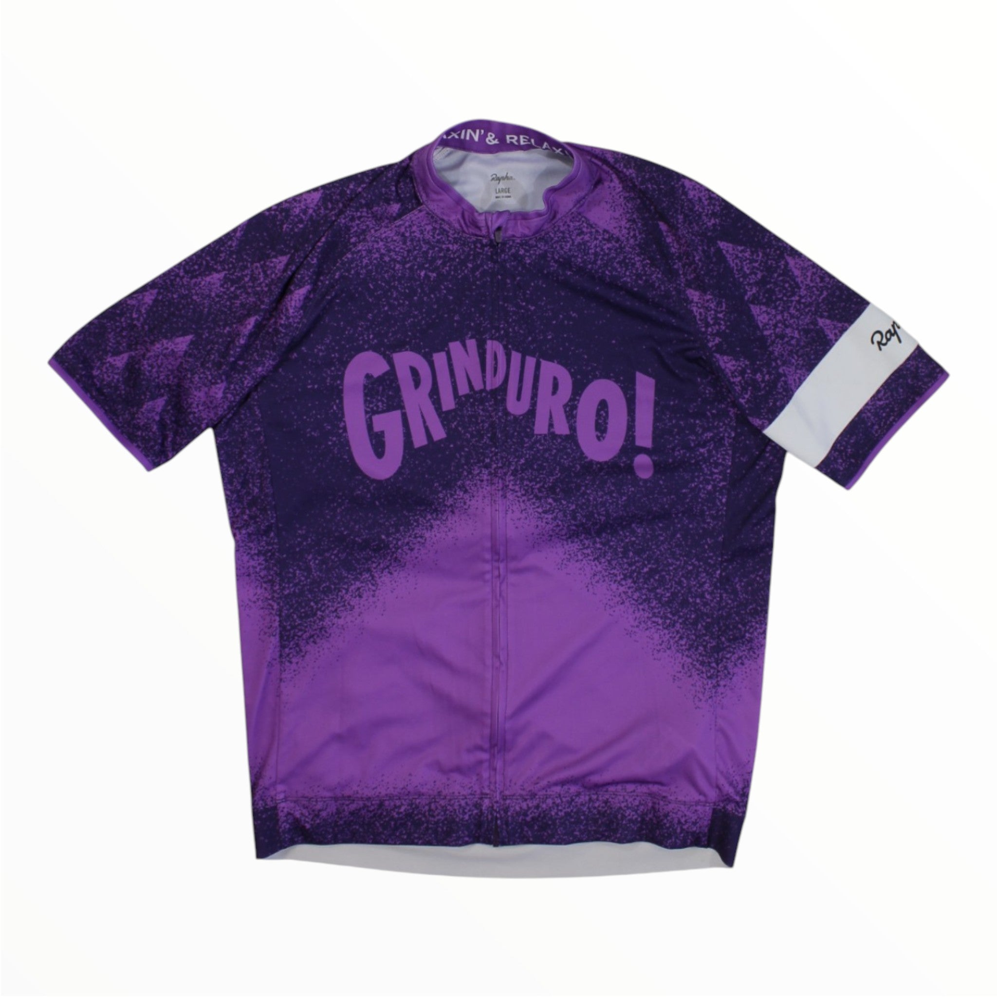The Rapha Men’s Core Jersey by Rapha features a bold GRINDURO! logo across the chest, a distinctive purple and black color scheme, and a white stripe on the left sleeve—combining stylish design with comfort and performance for every ride.