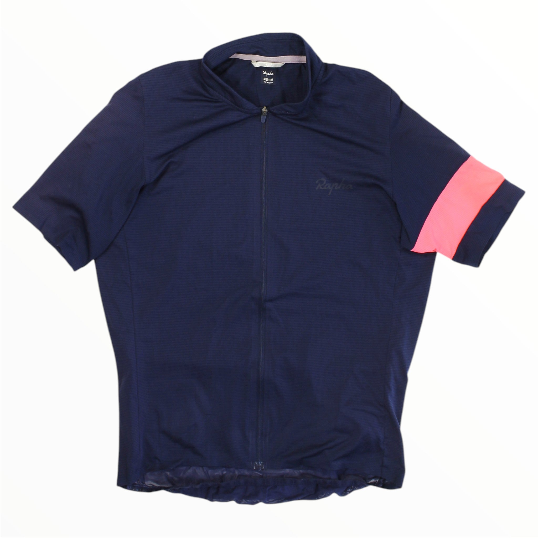Men's Rapha flyweight cycling jersey in navy with pink side stripe on sleeve, full zip