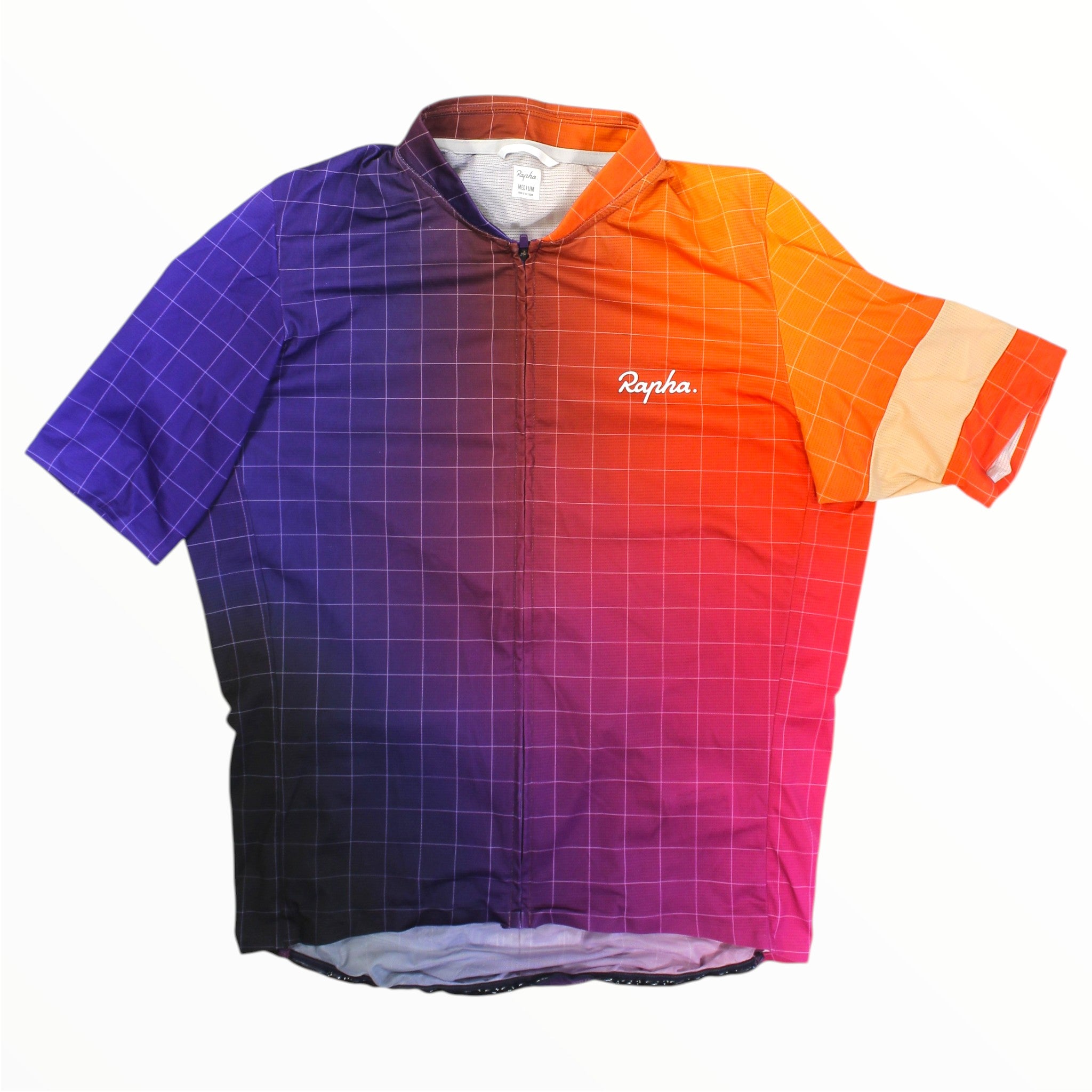Men's Rapha flyweight cycling jersey, purple-to-orange grid gradient, full-zip