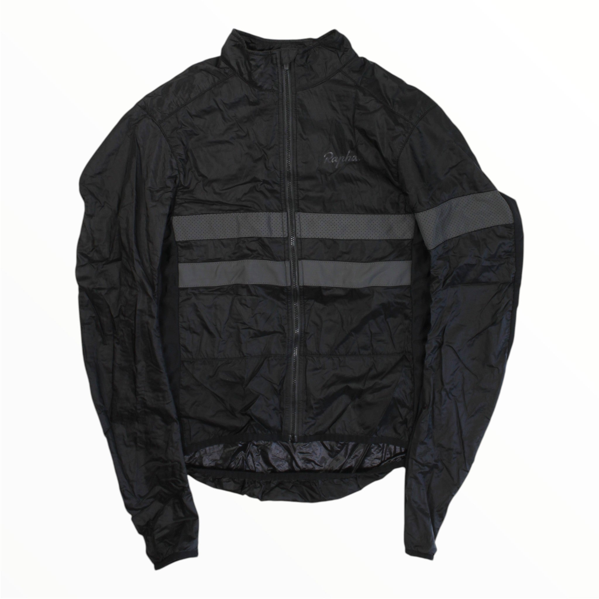 Men's insulated cycling jacket, black with gray horizontal stripe across chest