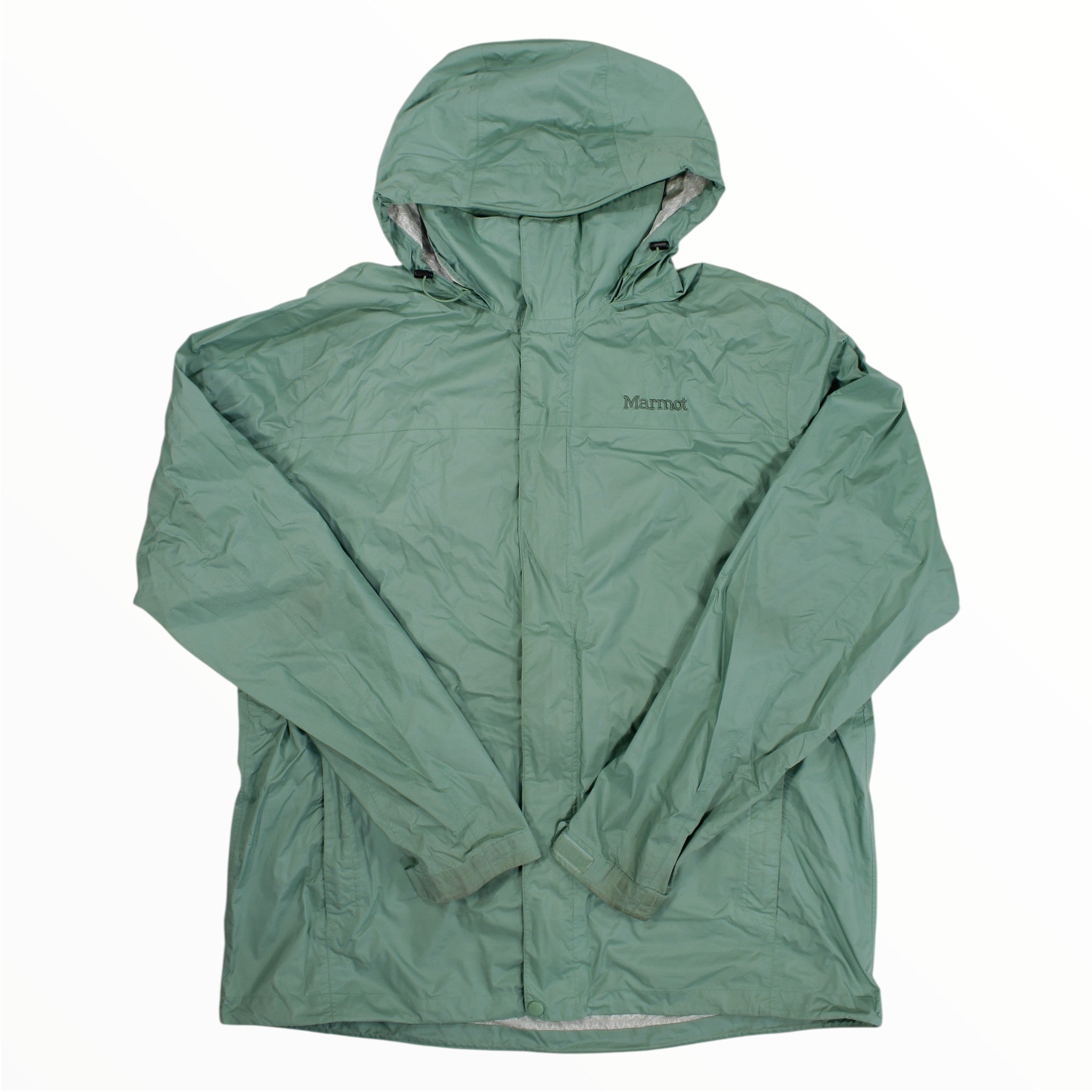 Women’s hooded Precip rain jacket in green, front zip, Marmot logo