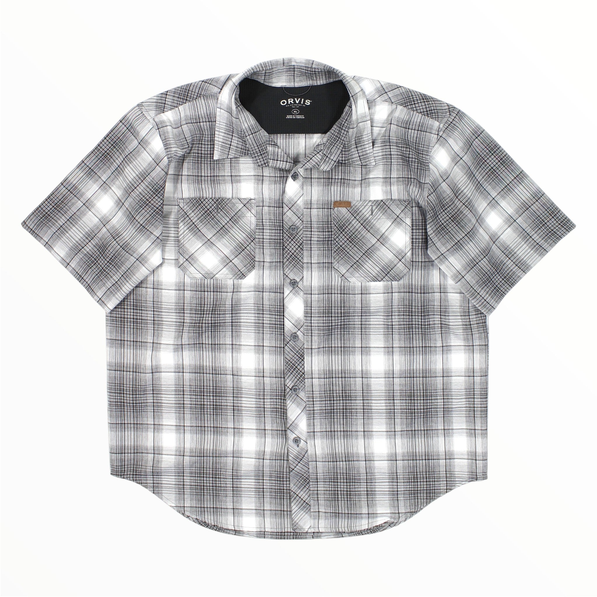Men's short-sleeve woven tech shirt, grey plaid button-front with chest pockets.