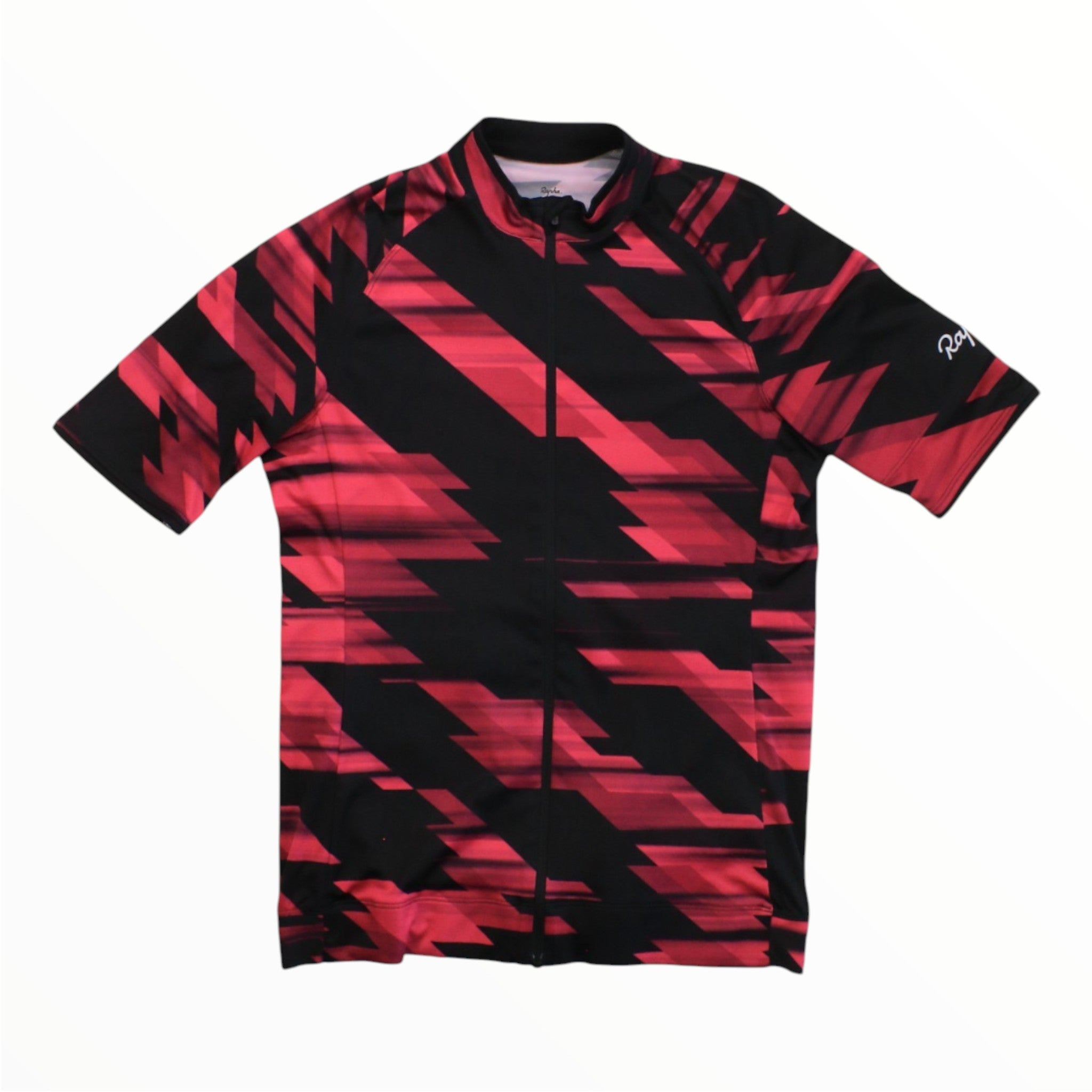 Men's cycling jersey, black with red geometric pattern, short sleeves, front zipper, Rapha