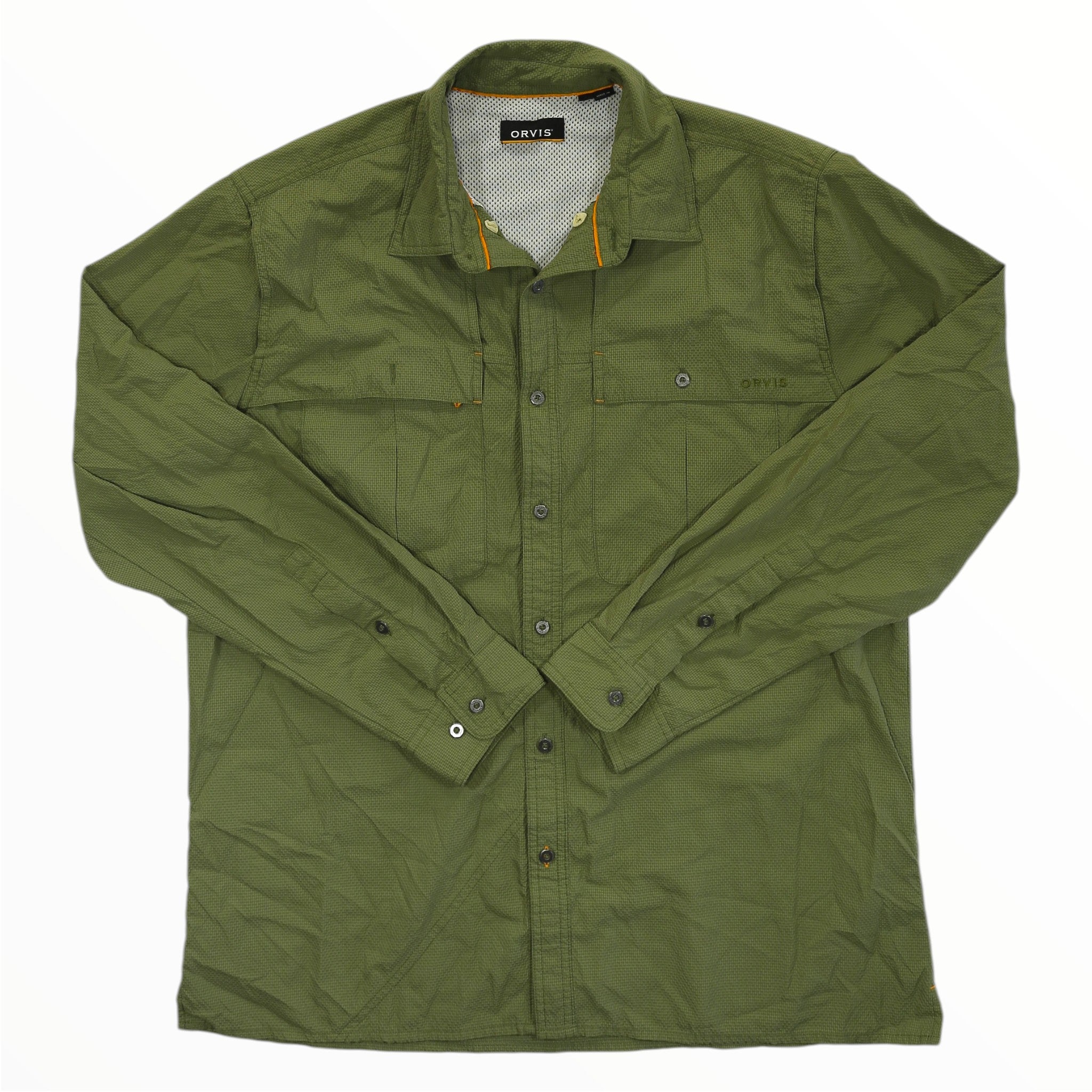 Men's green long-sleeve button-up shirt with chest pocket