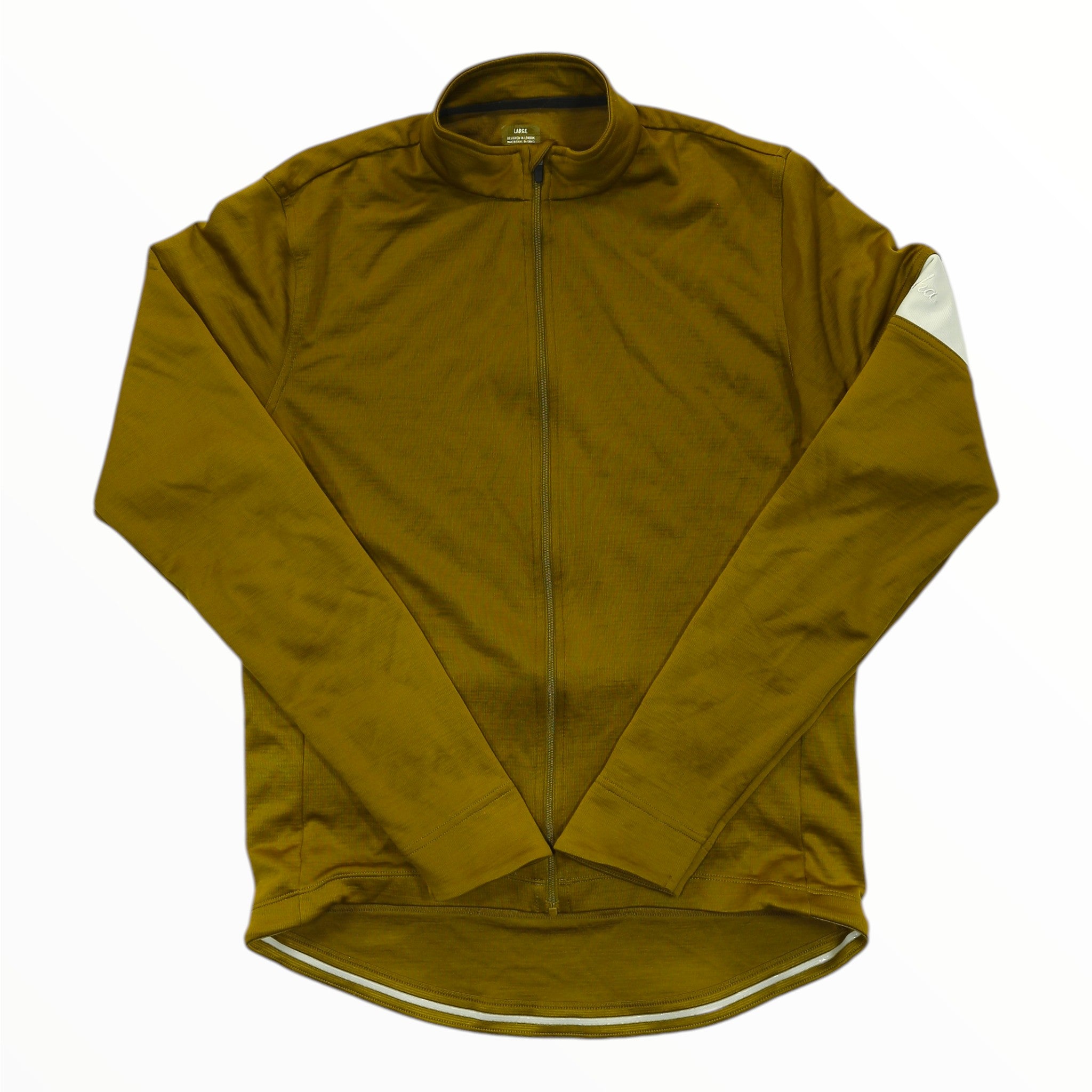 Men's long-sleeve cycling jersey, full-zip mock neck, olive/amber