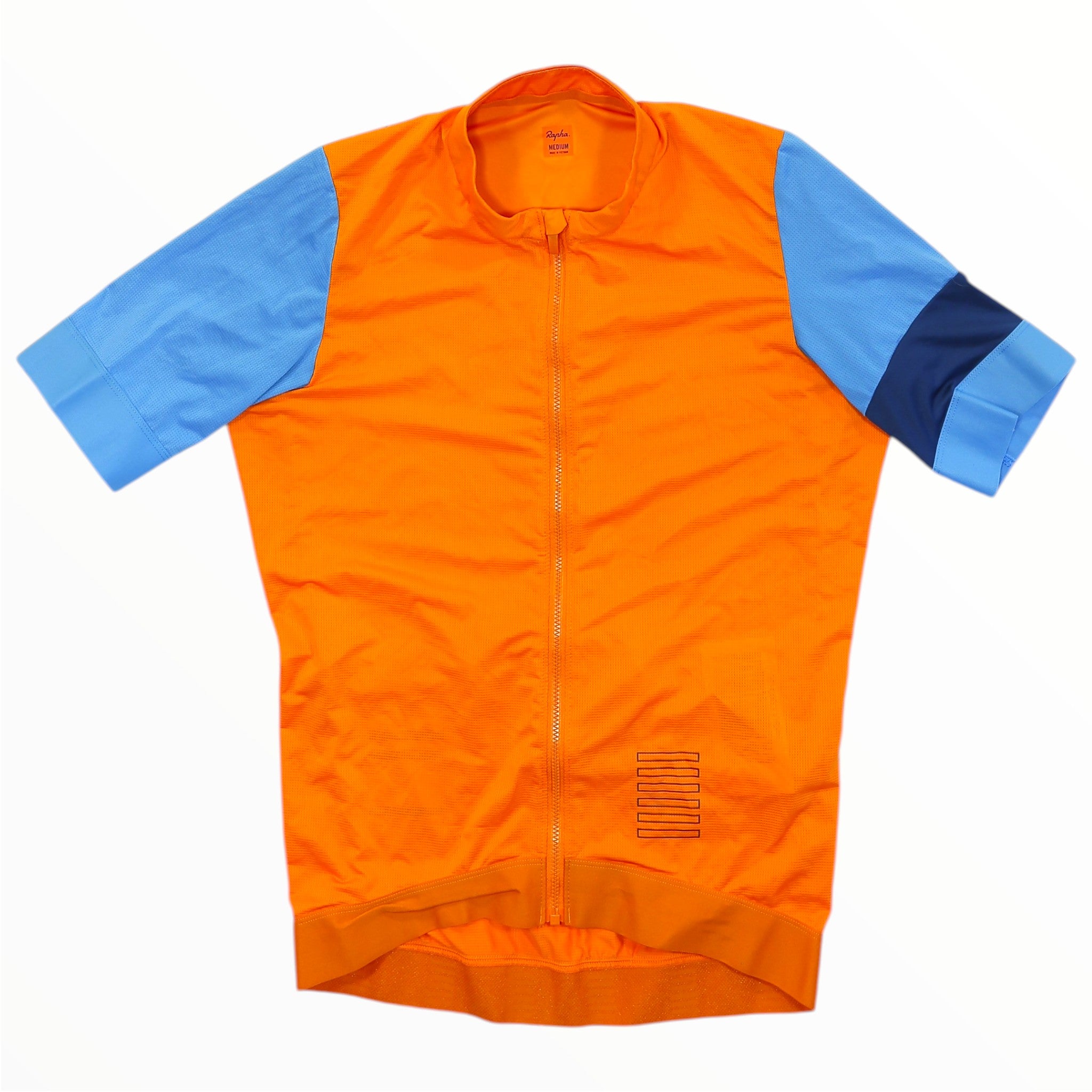Rapha women’s training jersey, full-zip, bright orange with light blue and dark blue sleeves