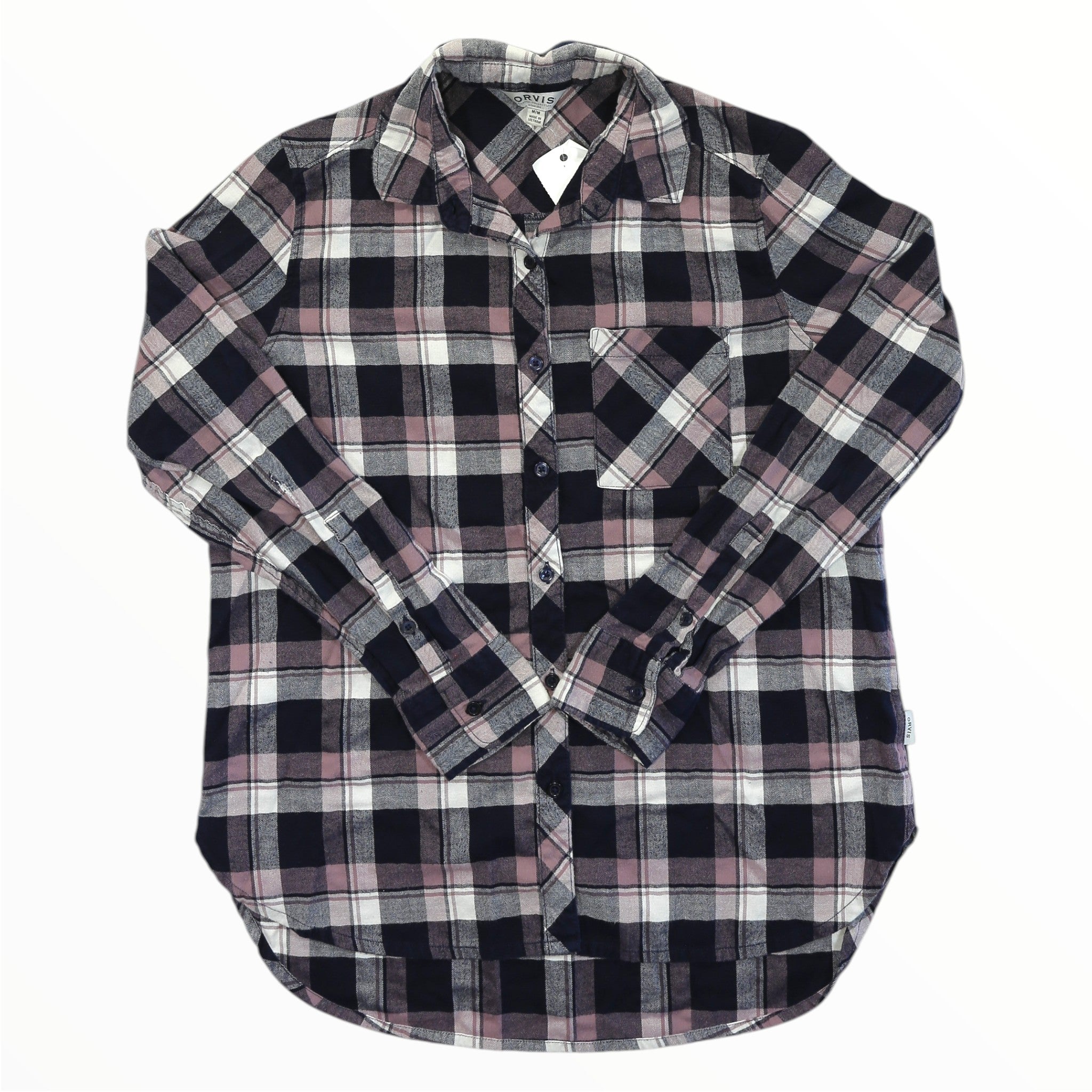 Women's black and gray plaid flannel button-front shirt with long sleeves