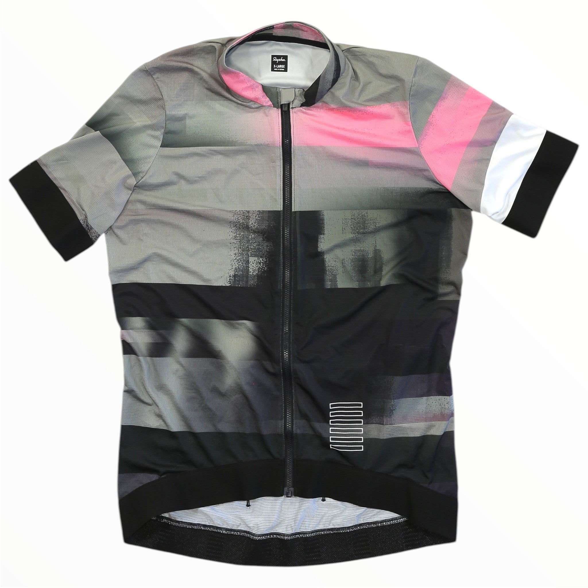 Rapha women’s training jersey, full-zip, gray and black with pink and white panels