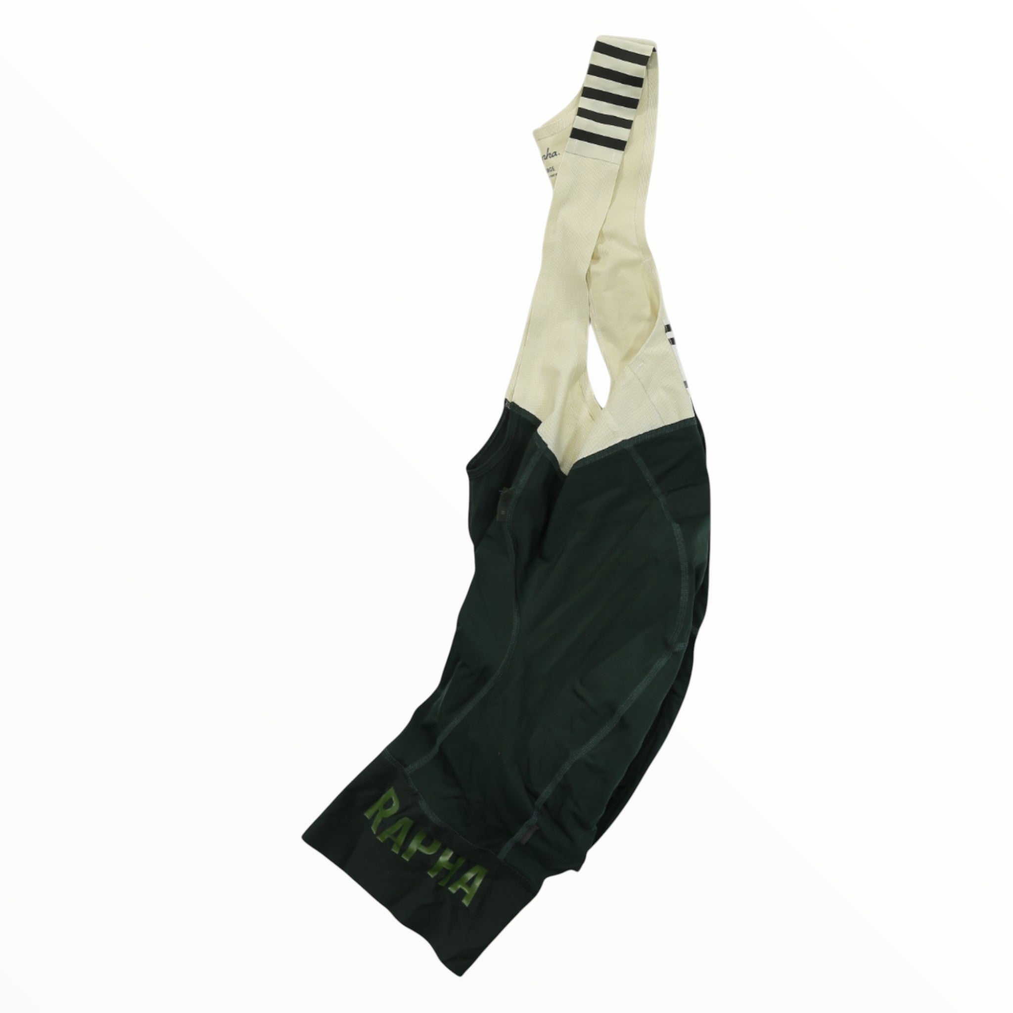 Men's cycling bib shorts, cream straps with dark green legs and Rapha logo.