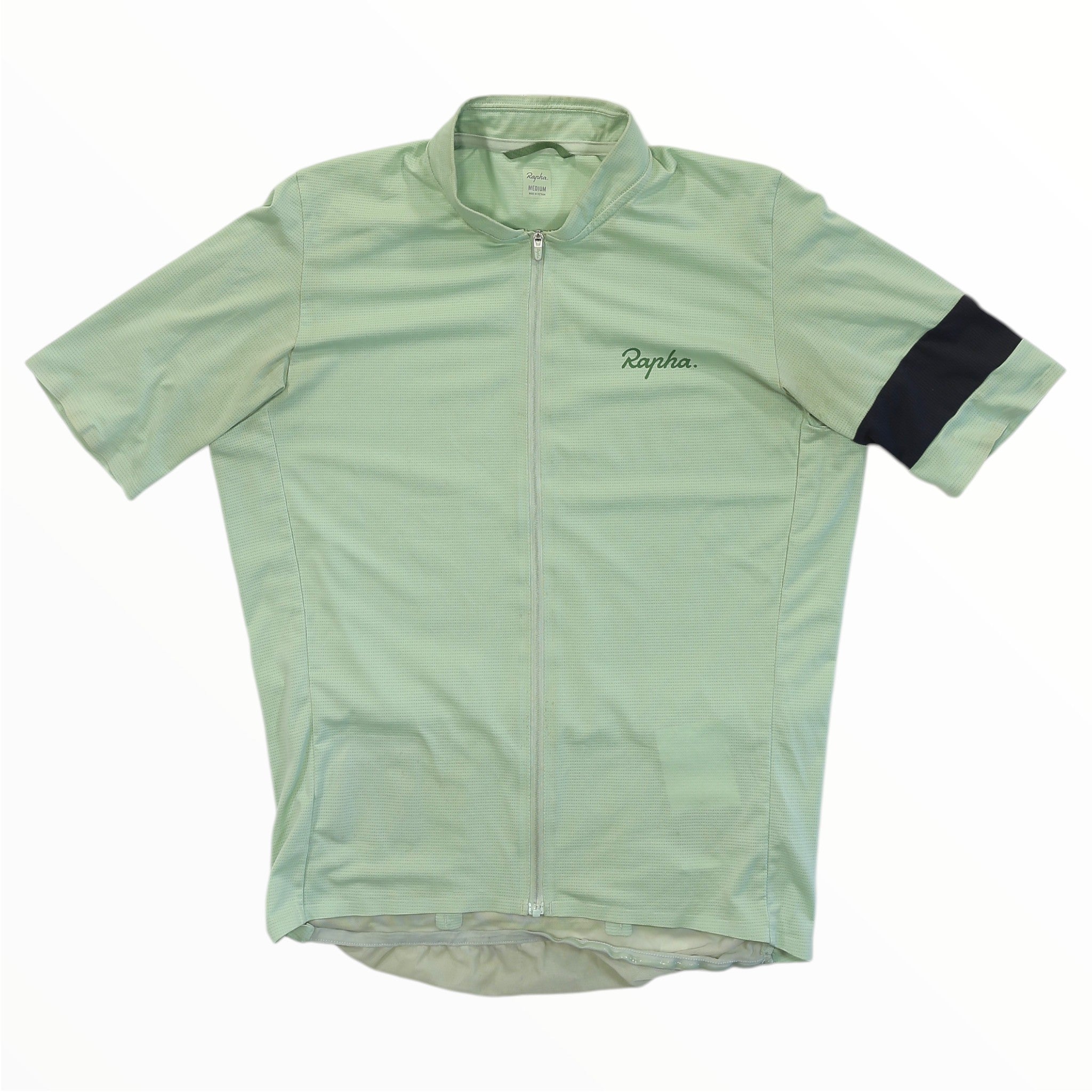 Men's Rapha flyweight cycling jersey in mint green with black accent sleeve, full zip