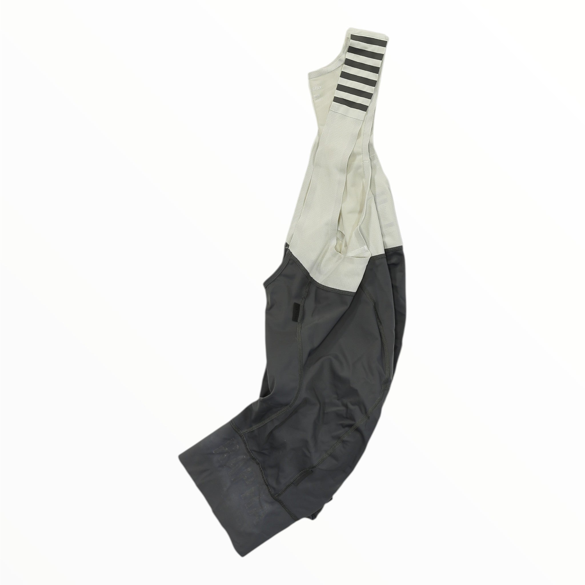 Rapha men’s bib shorts in off-white and dark gray with striped bib cuff and leg branding
